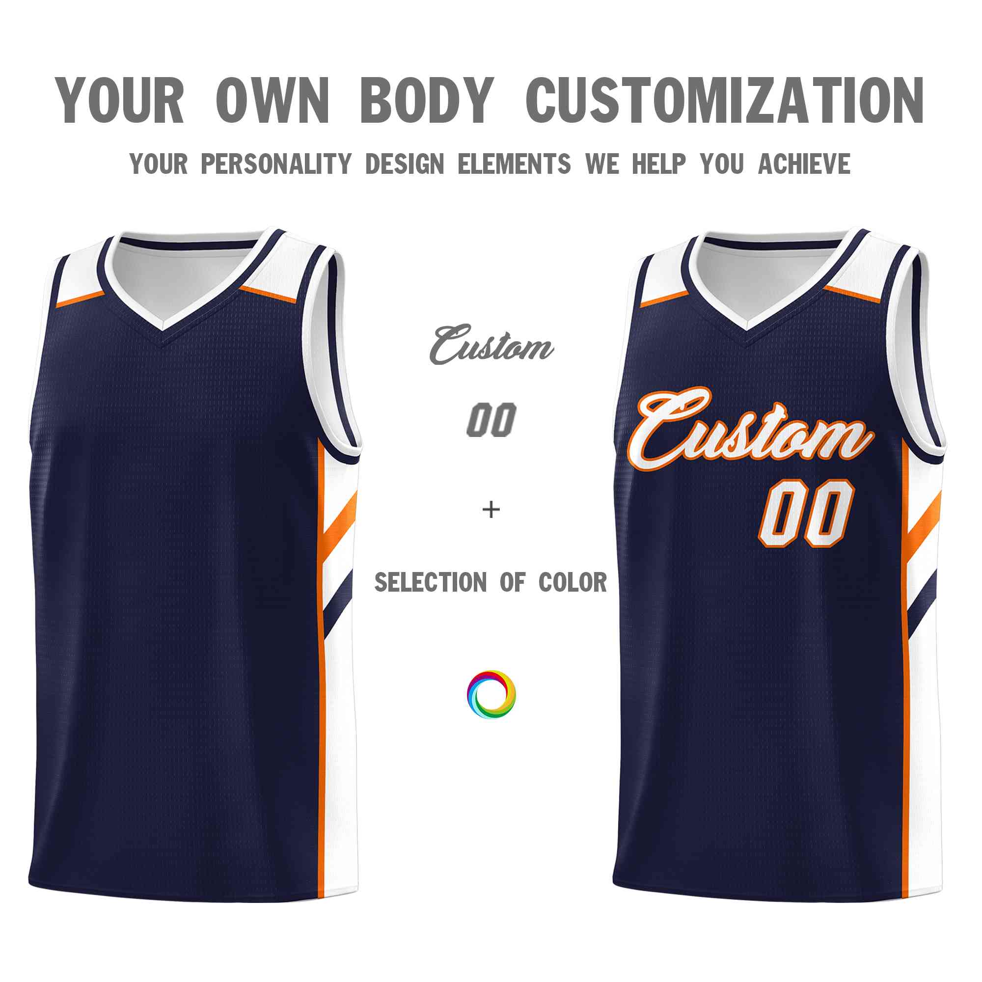 Custom Navy White-Orange Classic Tops Style Mesh Sport Basketball Jersey - Image 3