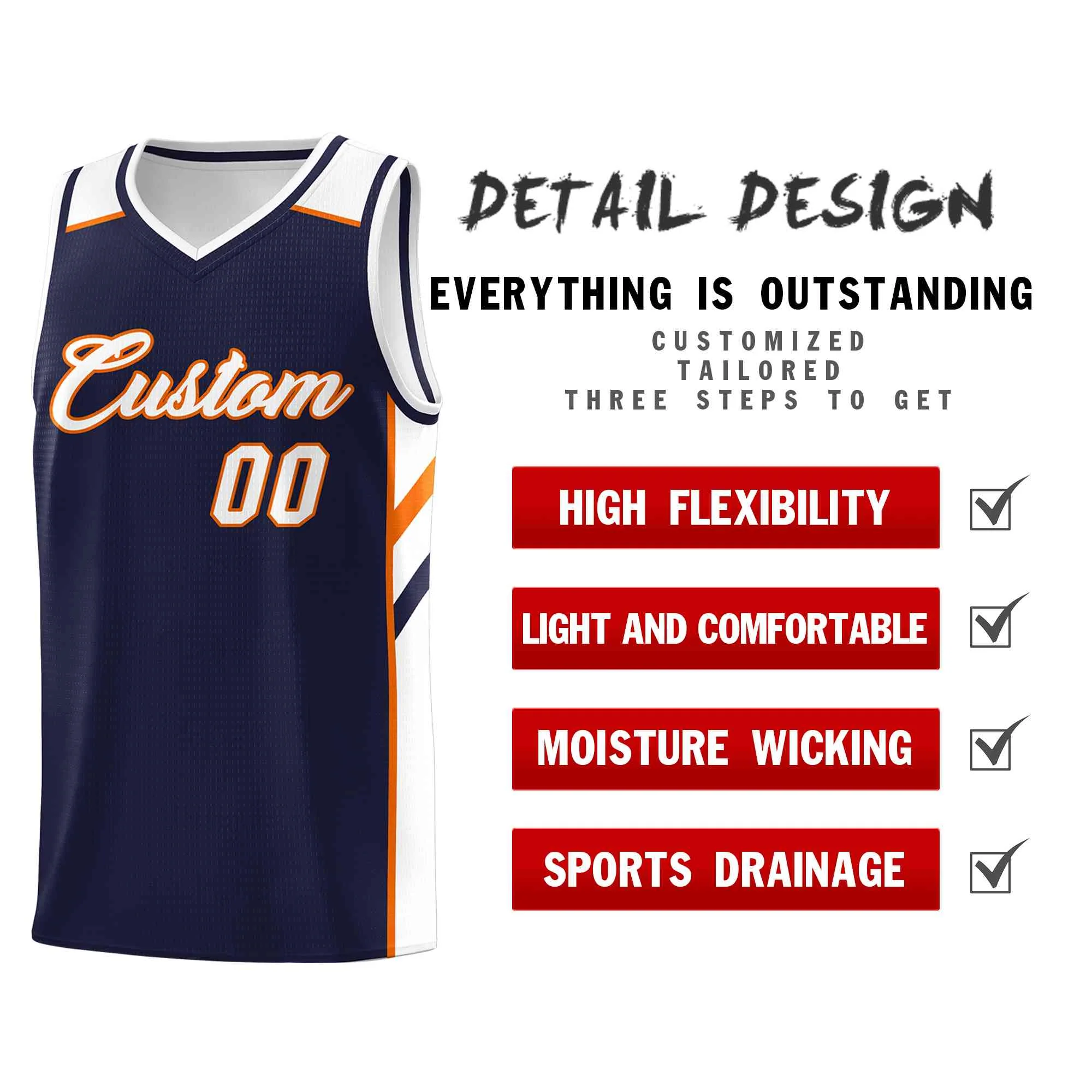 Custom Navy White-Orange Classic Tops Style Mesh Sport Basketball Jersey - Image 4