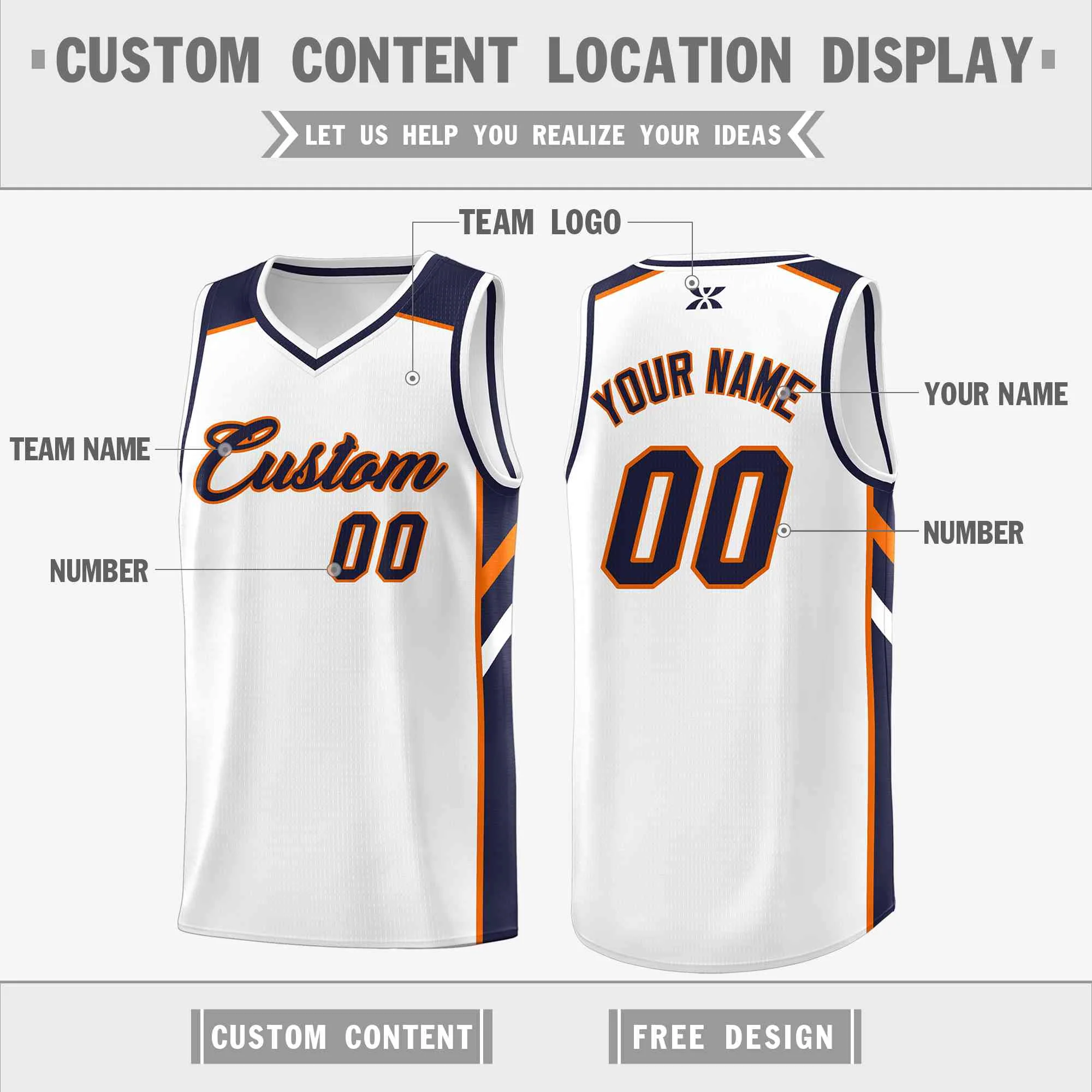 Custom White Navy-Orange Classic Tops Style Mesh Sport Basketball Jersey - Image 2