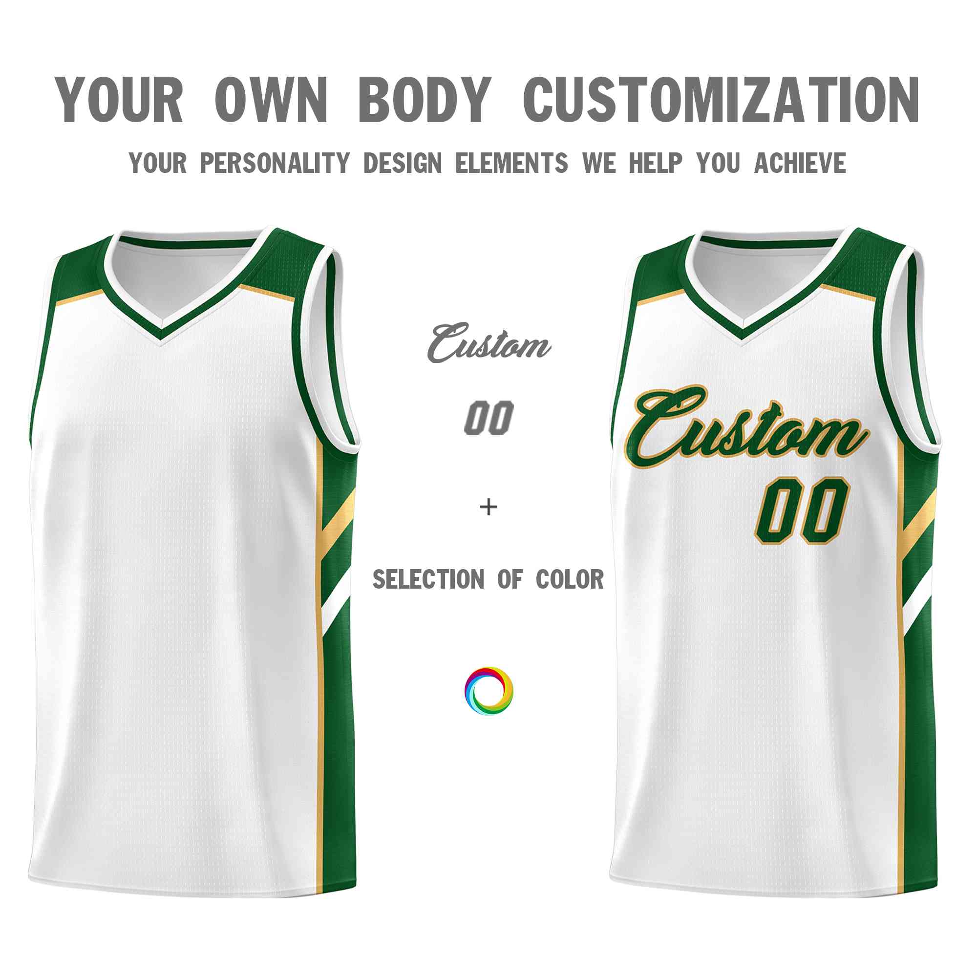 Custom White Green-Old Gold Classic Tops Style Mesh Sport Basketball Jersey - Image 3