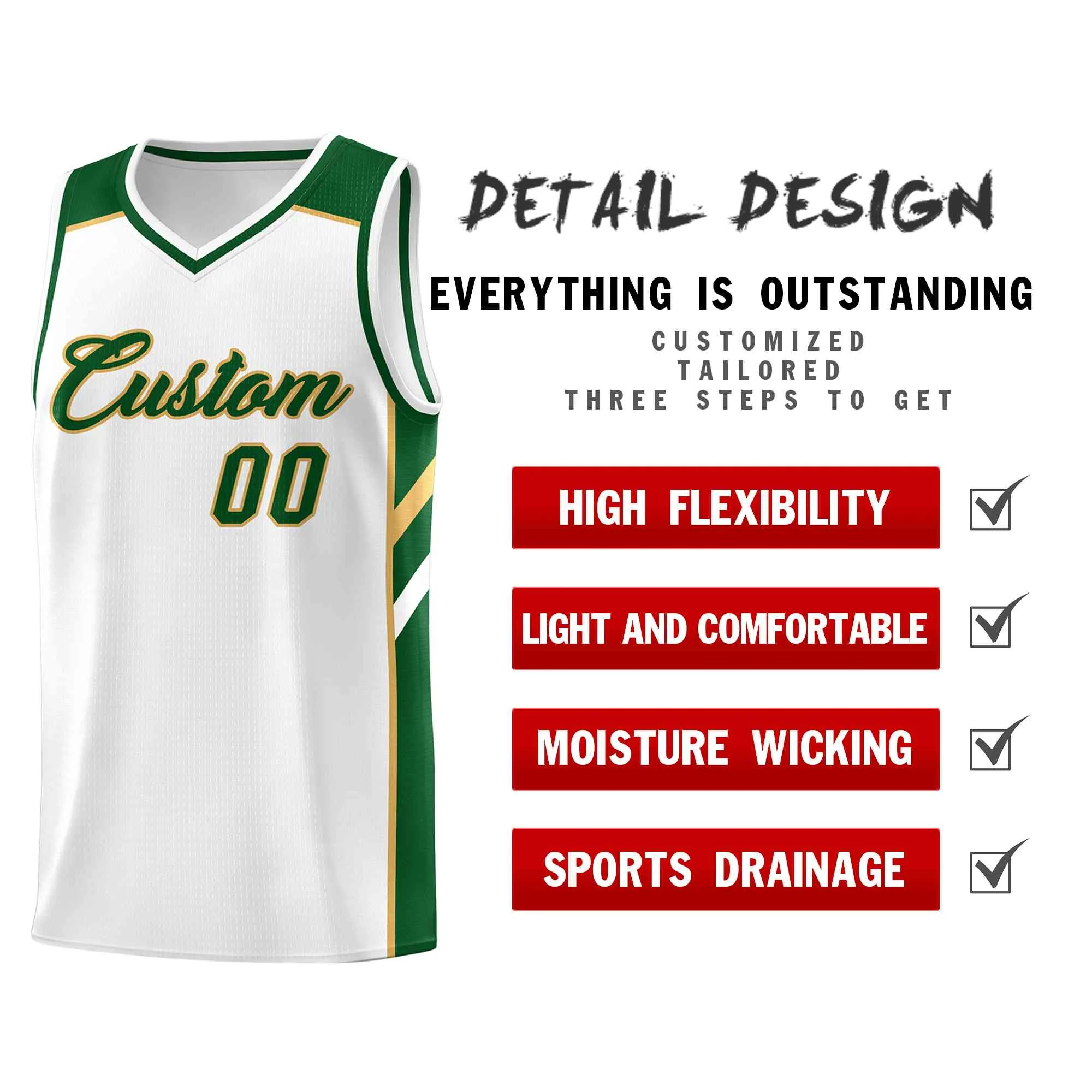 Custom White Green-Old Gold Classic Tops Style Mesh Sport Basketball Jersey - Image 4