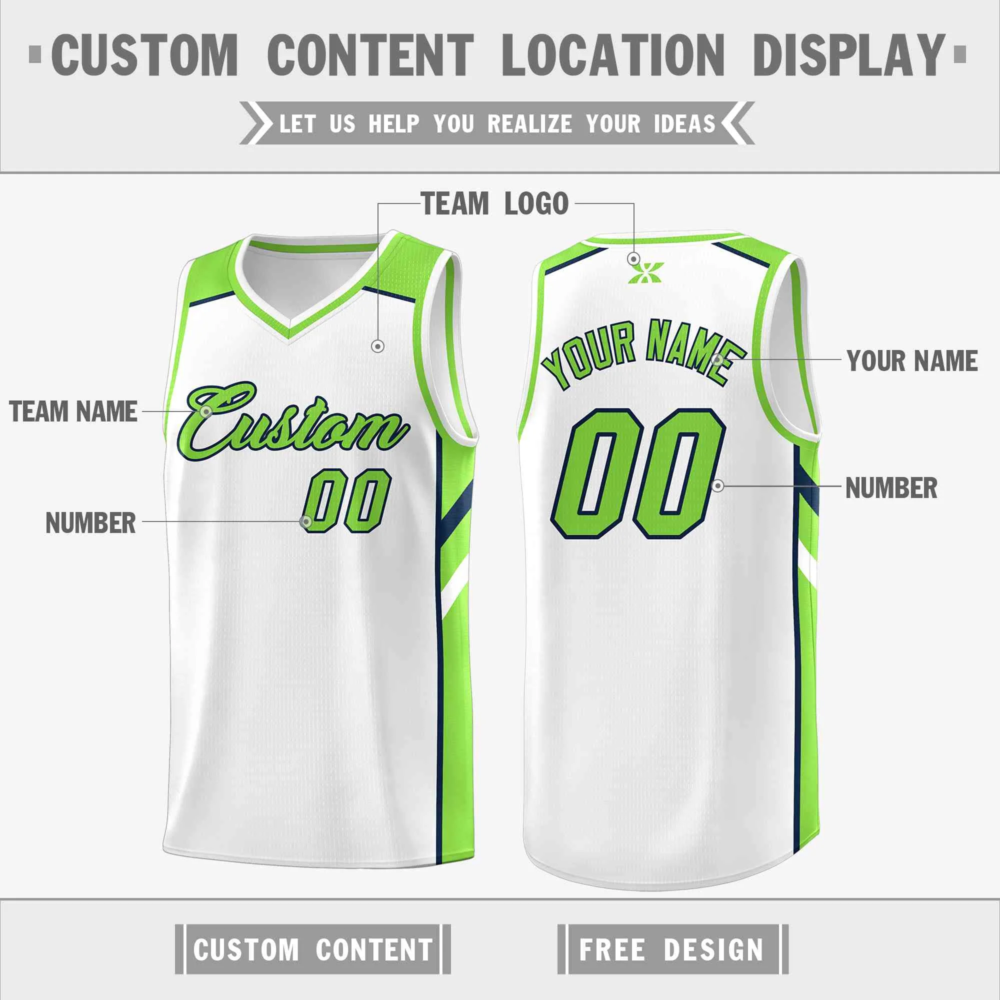 Custom White Neon Green-Navy Classic Tops Style Mesh Sport Basketball Jersey - Image 2