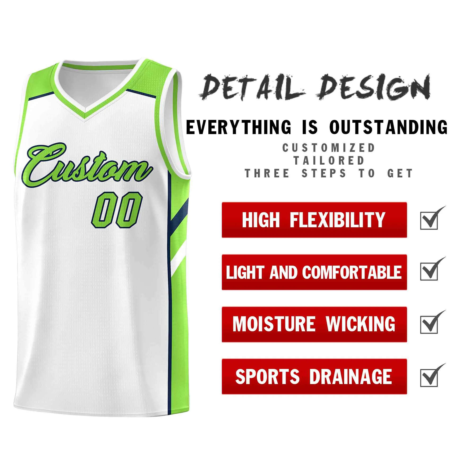 Custom White Neon Green-Navy Classic Tops Style Mesh Sport Basketball Jersey - Image 4