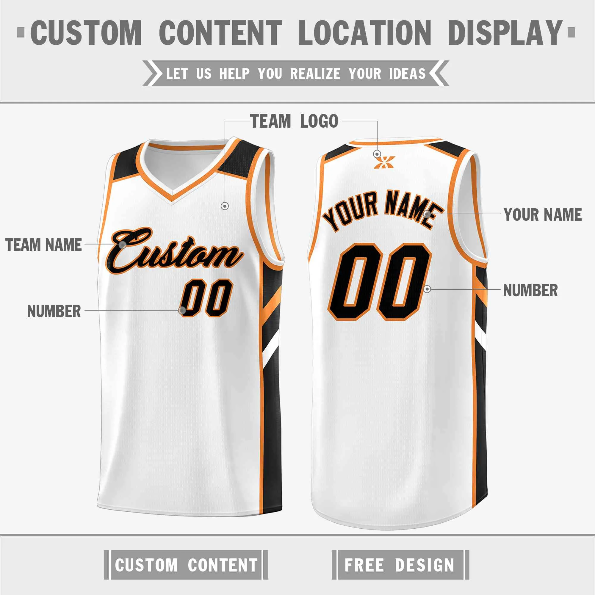 Custom White Black-Orange Classic Tops Style Mesh Sport Basketball Jersey - Image 2