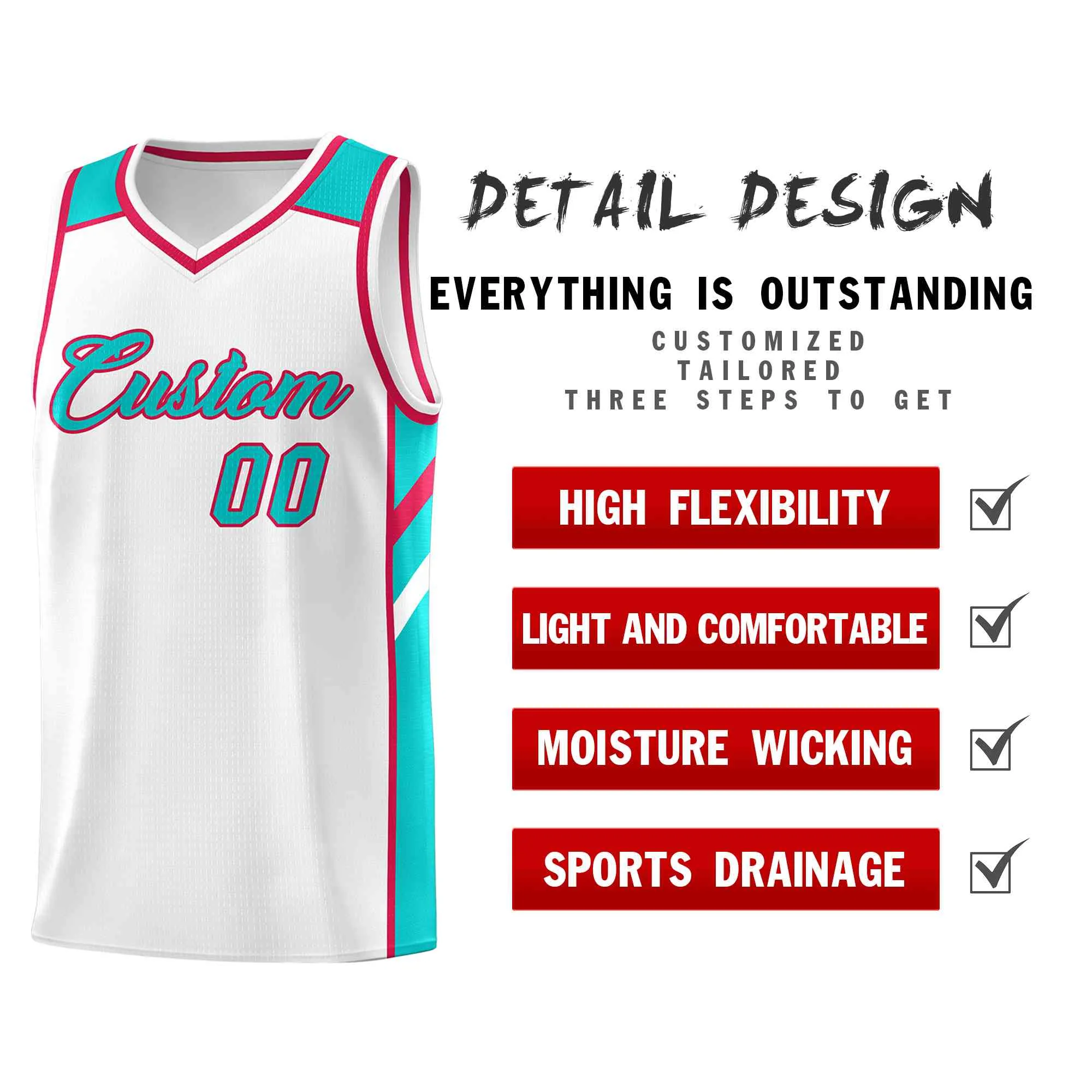 Custom White Aqua-Red Classic Tops Style Mesh Sport Basketball Jersey - Image 4