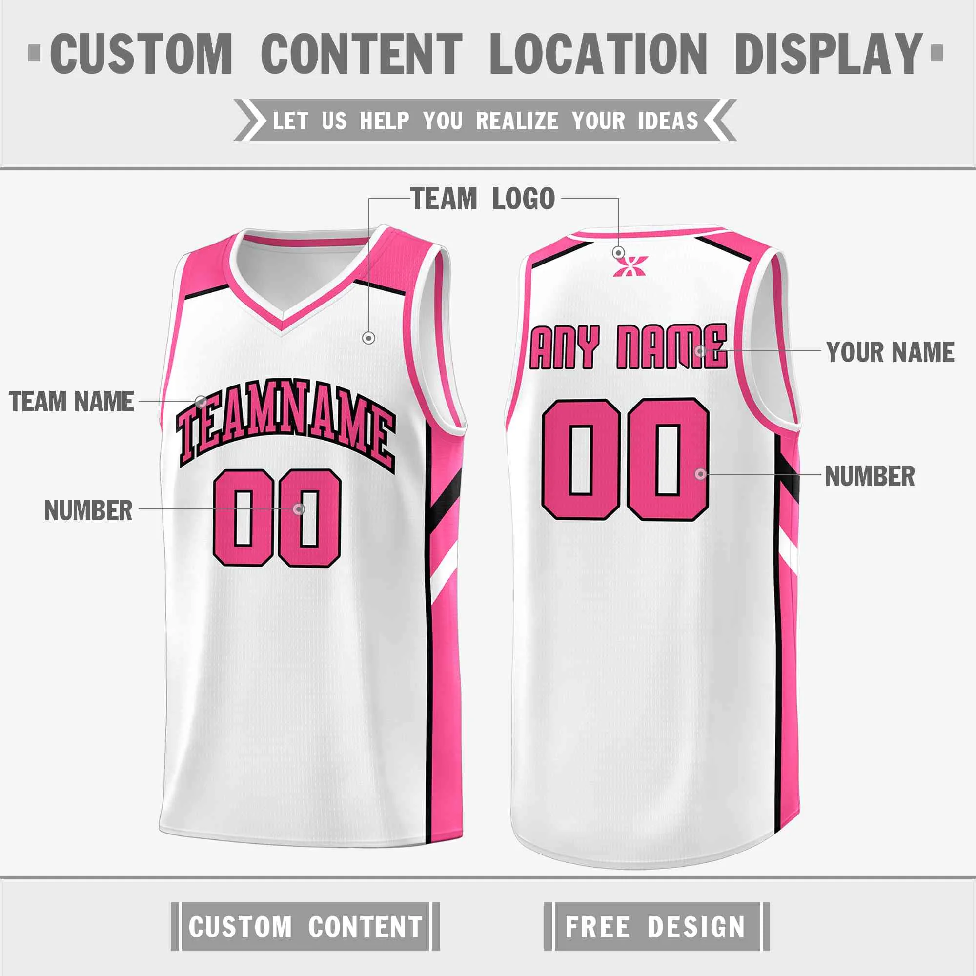 Custom White Pink-Black Classic Tops Style Mesh Sport Basketball Jersey - Image 2