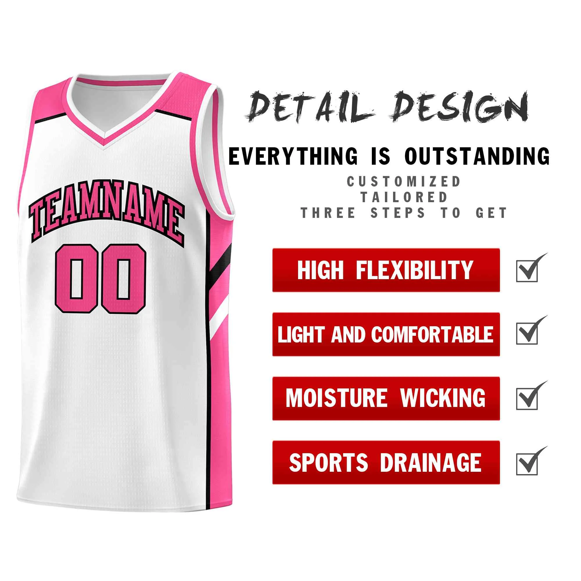 Custom White Pink-Black Classic Tops Style Mesh Sport Basketball Jersey - Image 4