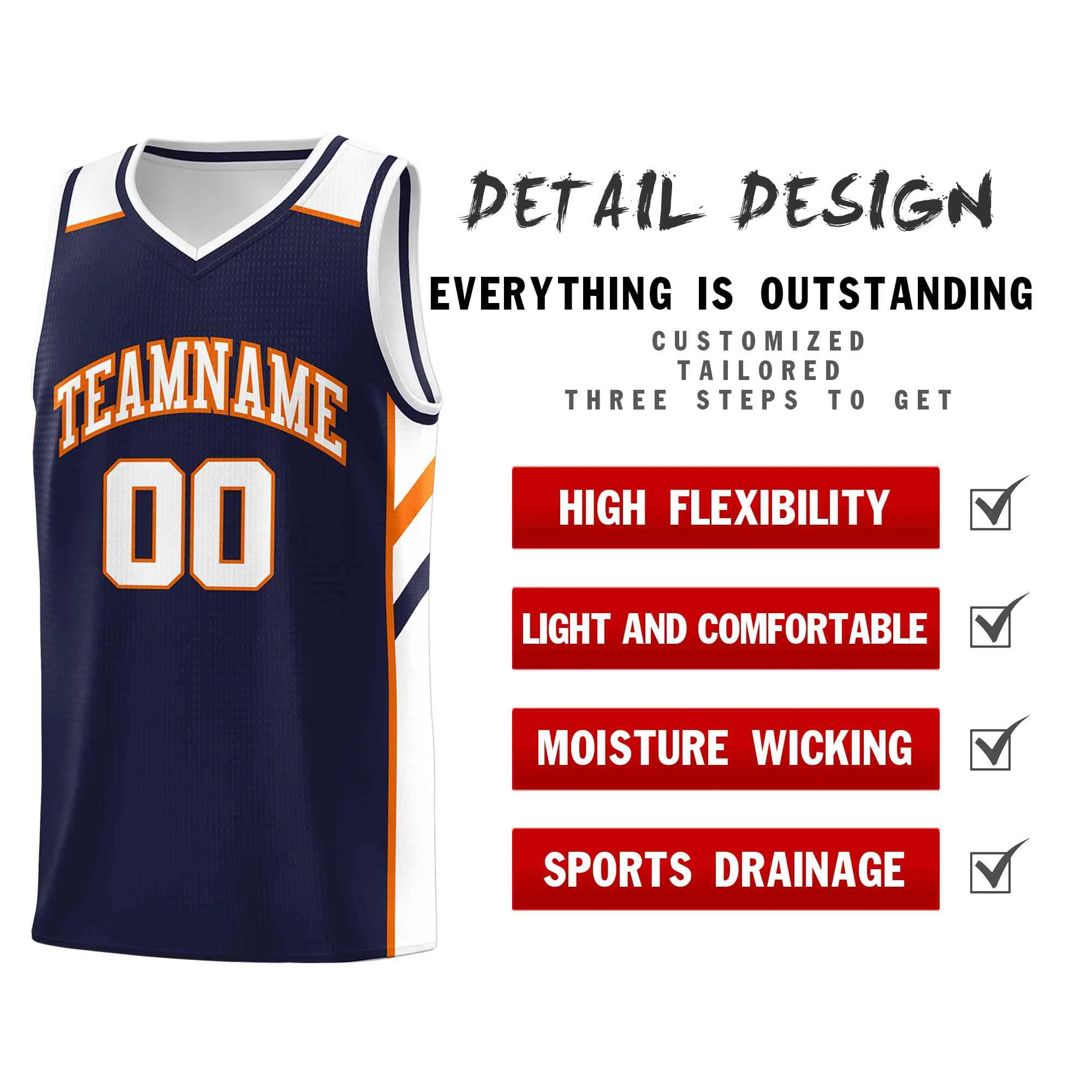 Custom Navy White-Orange Classic Tops Style Mesh Sport Basketball Jersey - Image 4