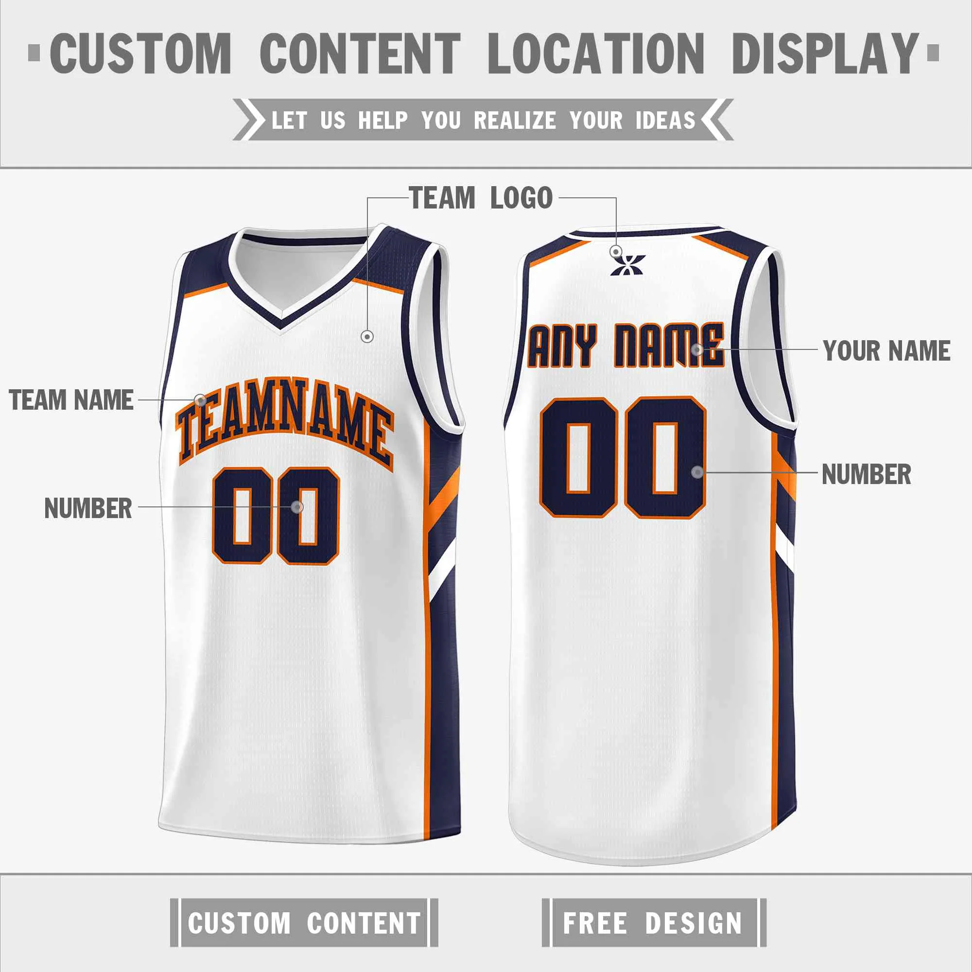 Custom White Navy-Orange Classic Tops Style Mesh Sport Basketball Jersey - Image 2