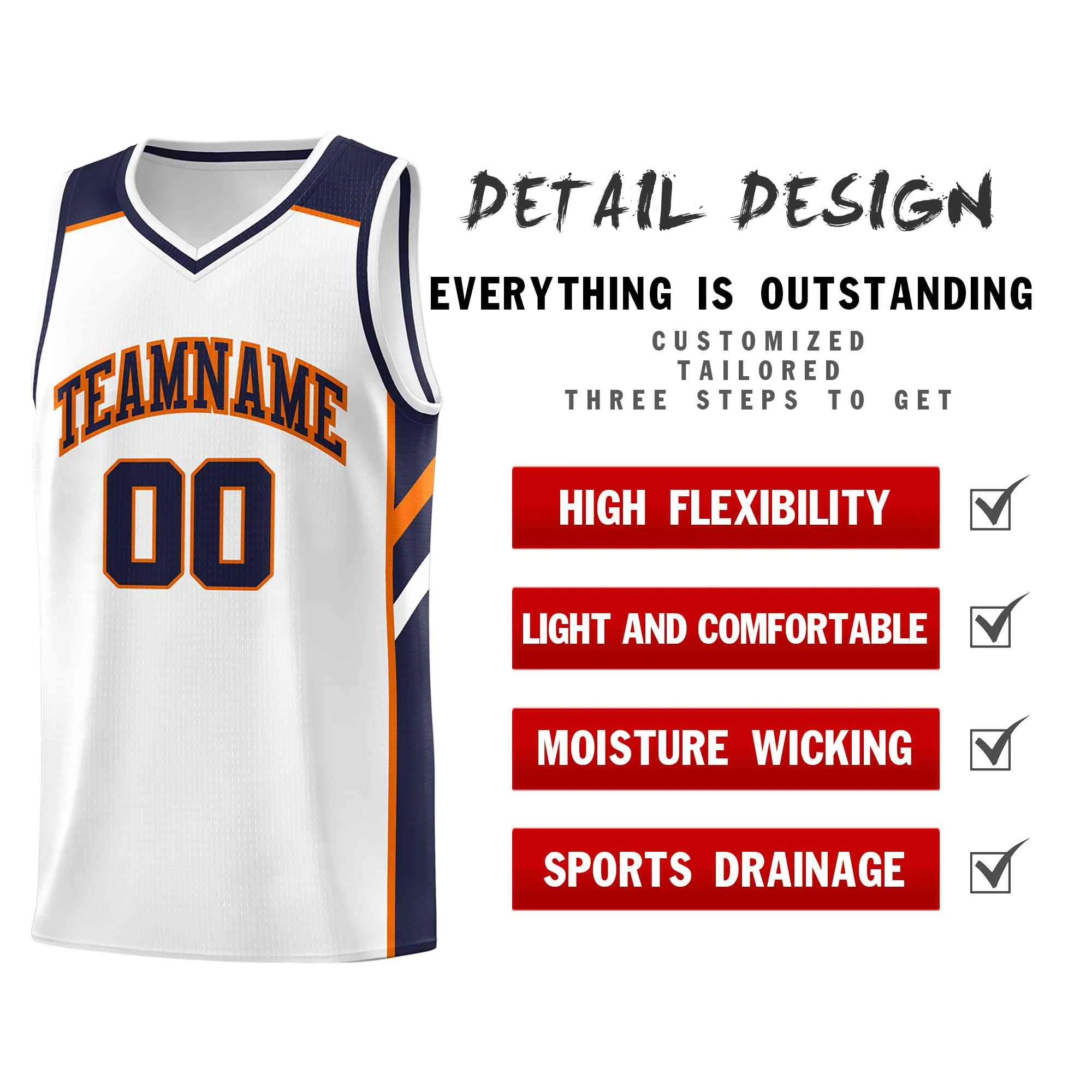 Custom White Navy-Orange Classic Tops Style Mesh Sport Basketball Jersey - Image 4