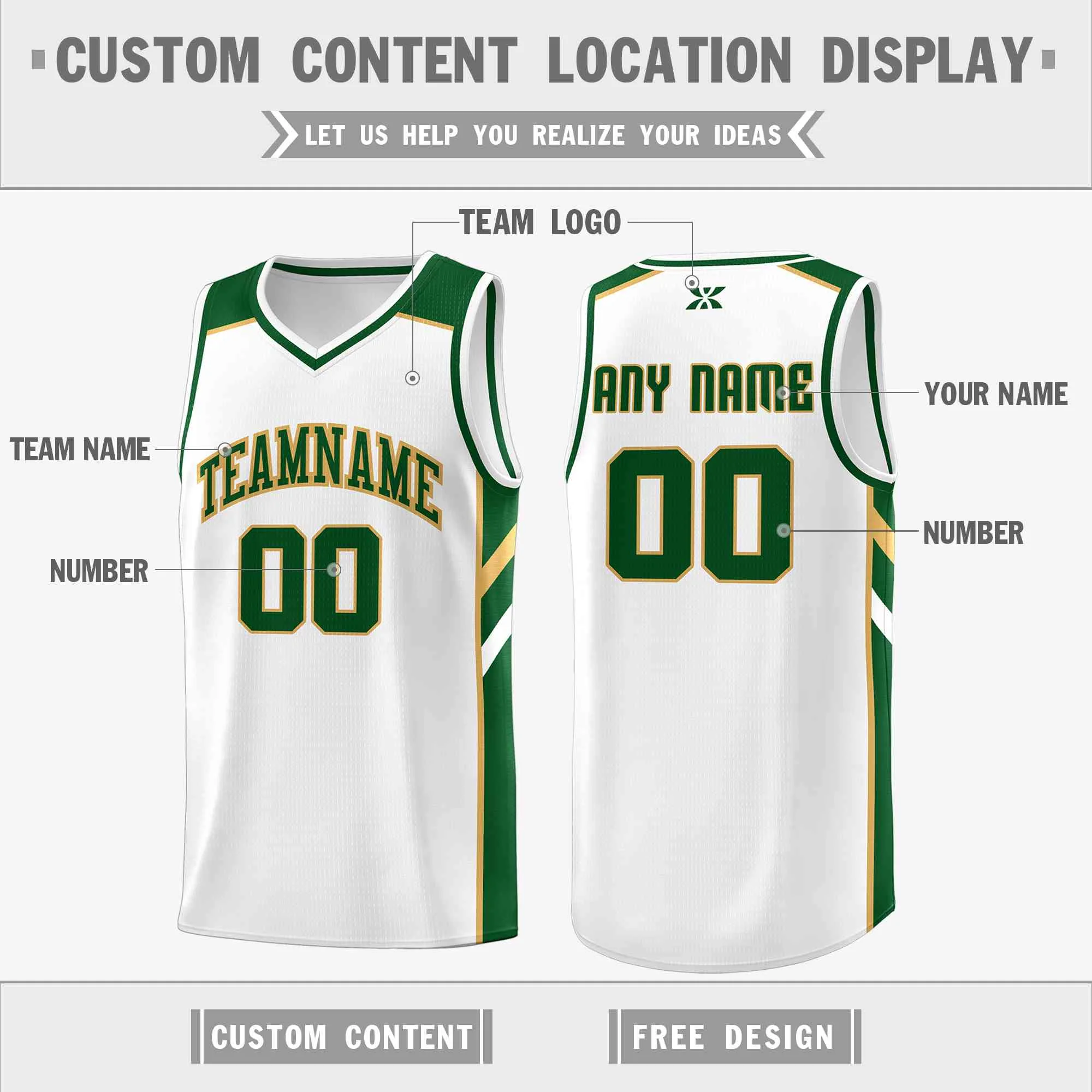 Custom White Green-Old Gold Classic Tops Style Mesh Sport Basketball Jersey - Image 2