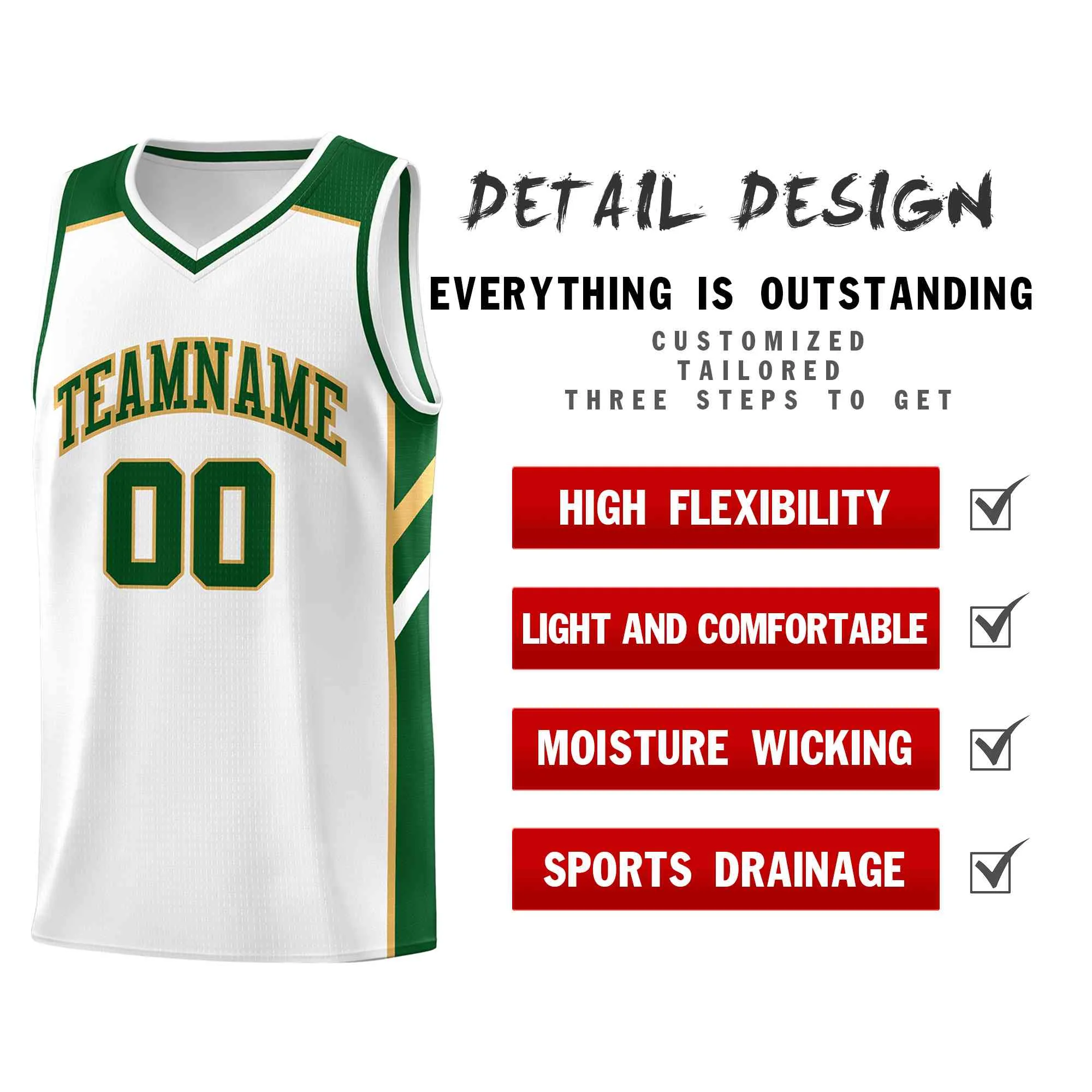 Custom White Green-Old Gold Classic Tops Style Mesh Sport Basketball Jersey - Image 4