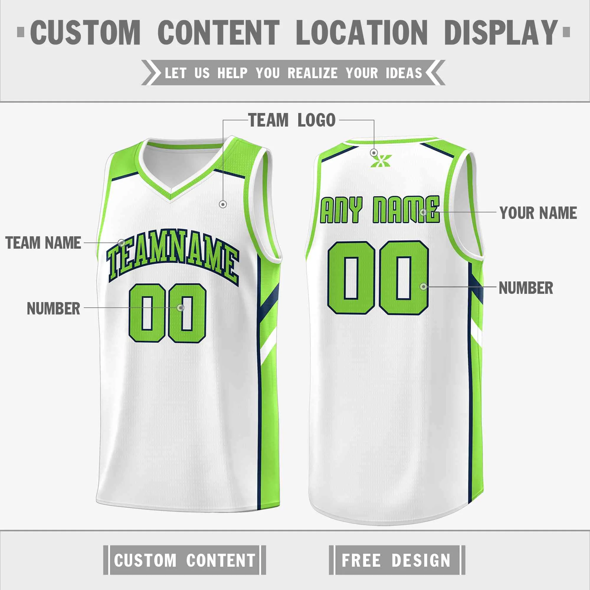 Custom White Neon Green-Navy Classic Tops Style Mesh Sport Basketball Jersey - Image 2