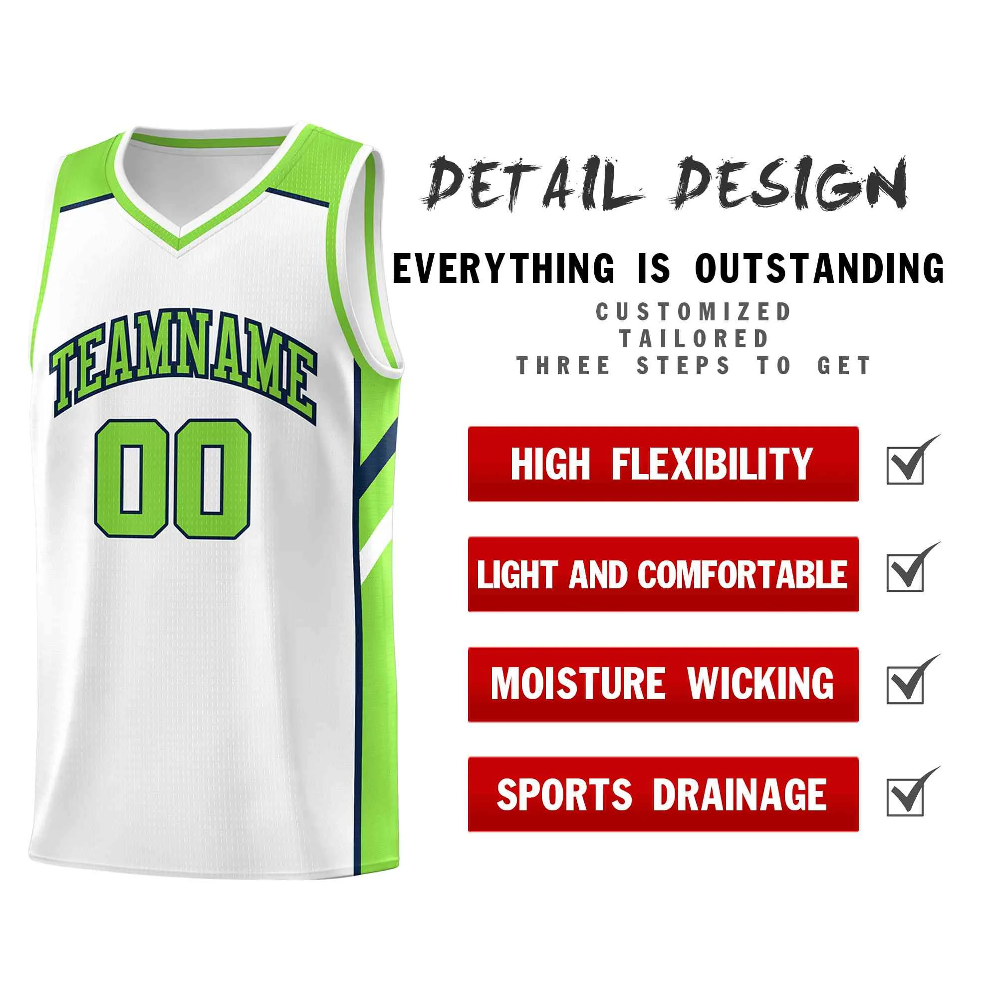Custom White Neon Green-Navy Classic Tops Style Mesh Sport Basketball Jersey - Image 4