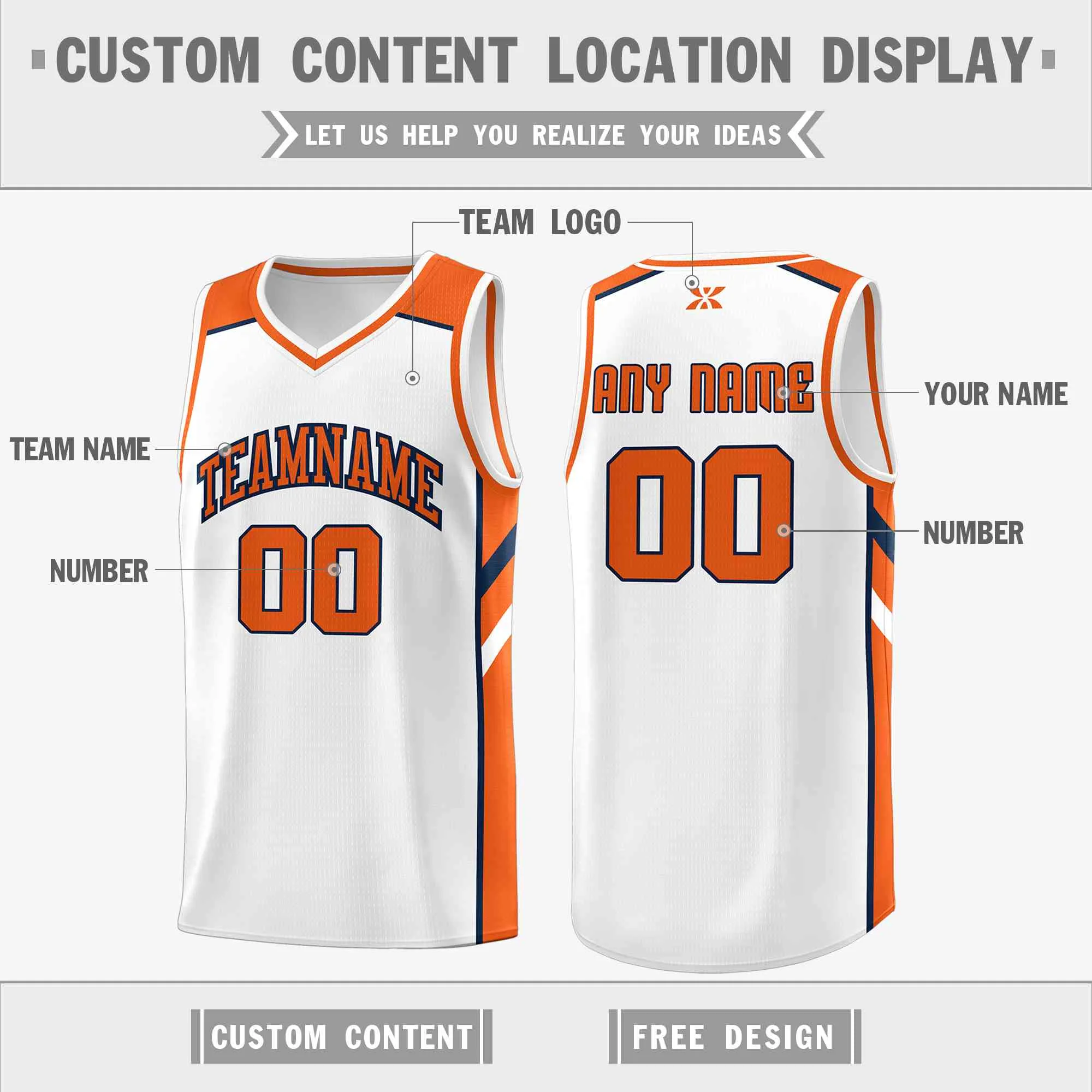 Custom White Orange-Navy Classic Tops Style Mesh Sport Basketball Jersey - Image 2