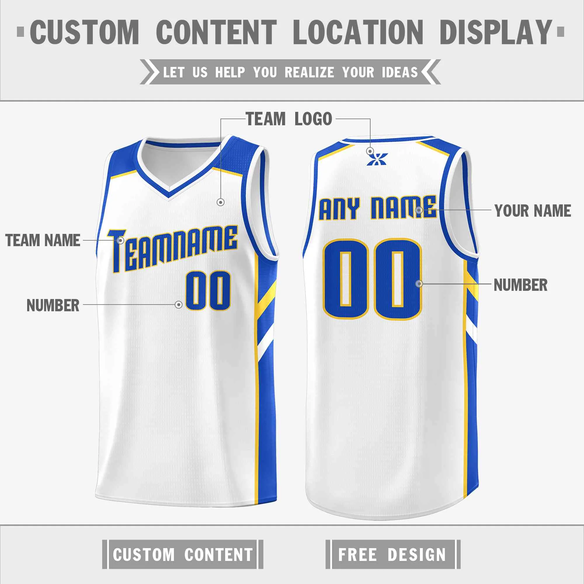 Custom White Blue-Yellow Classic Tops Style Mesh Sport Basketball Jersey - Image 2