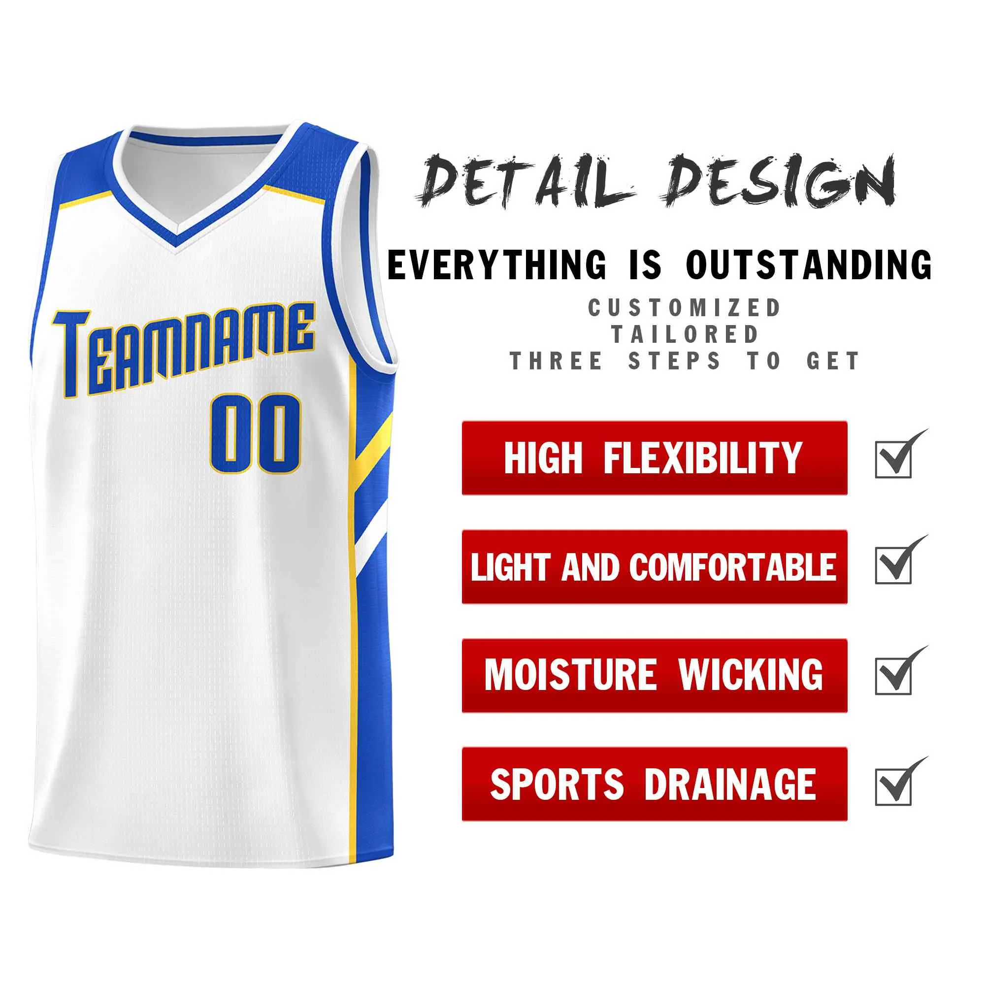 Custom White Blue-Yellow Classic Tops Style Mesh Sport Basketball Jersey - Image 4
