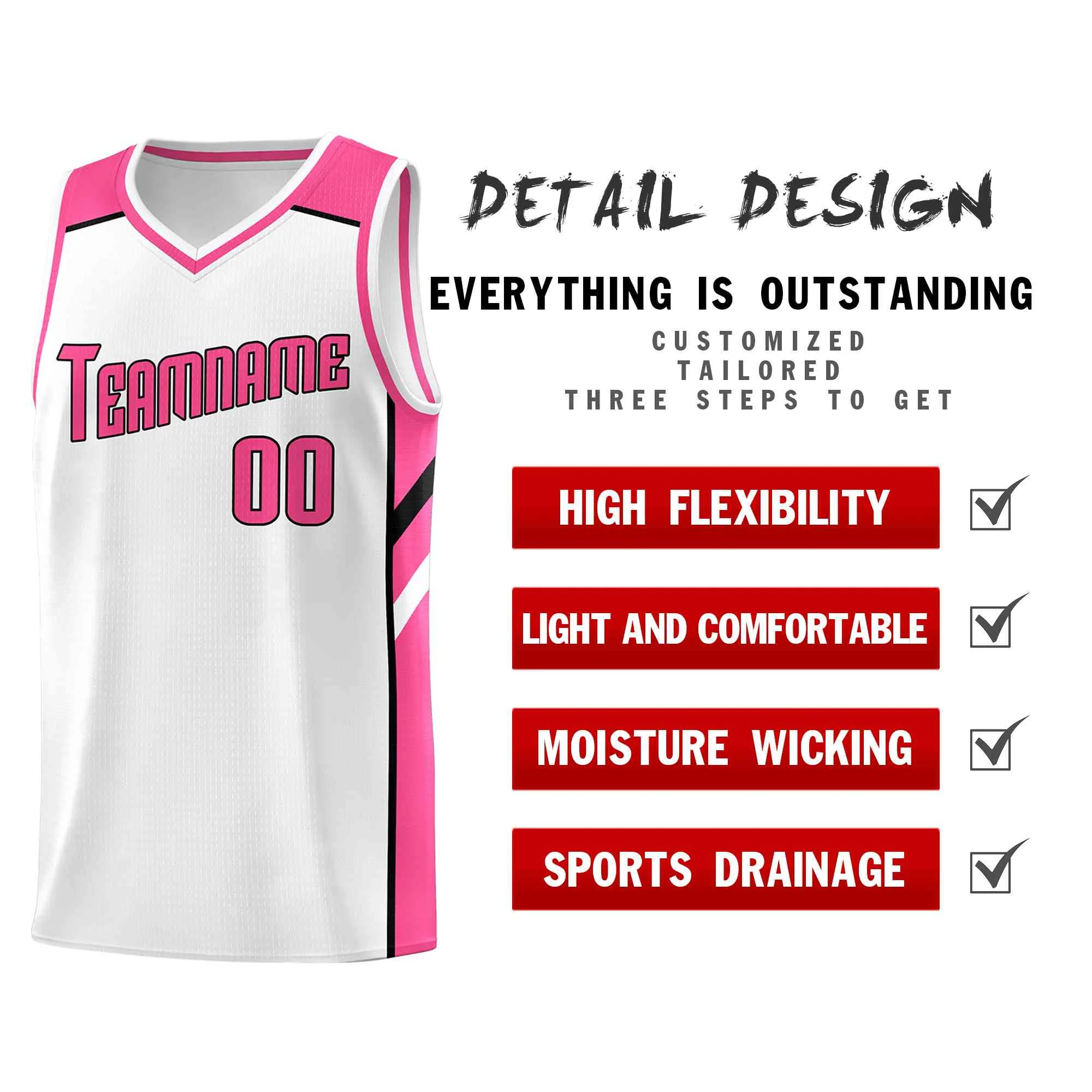 Custom White Pink-Black Classic Tops Style Mesh Sport Basketball Jersey - Image 4