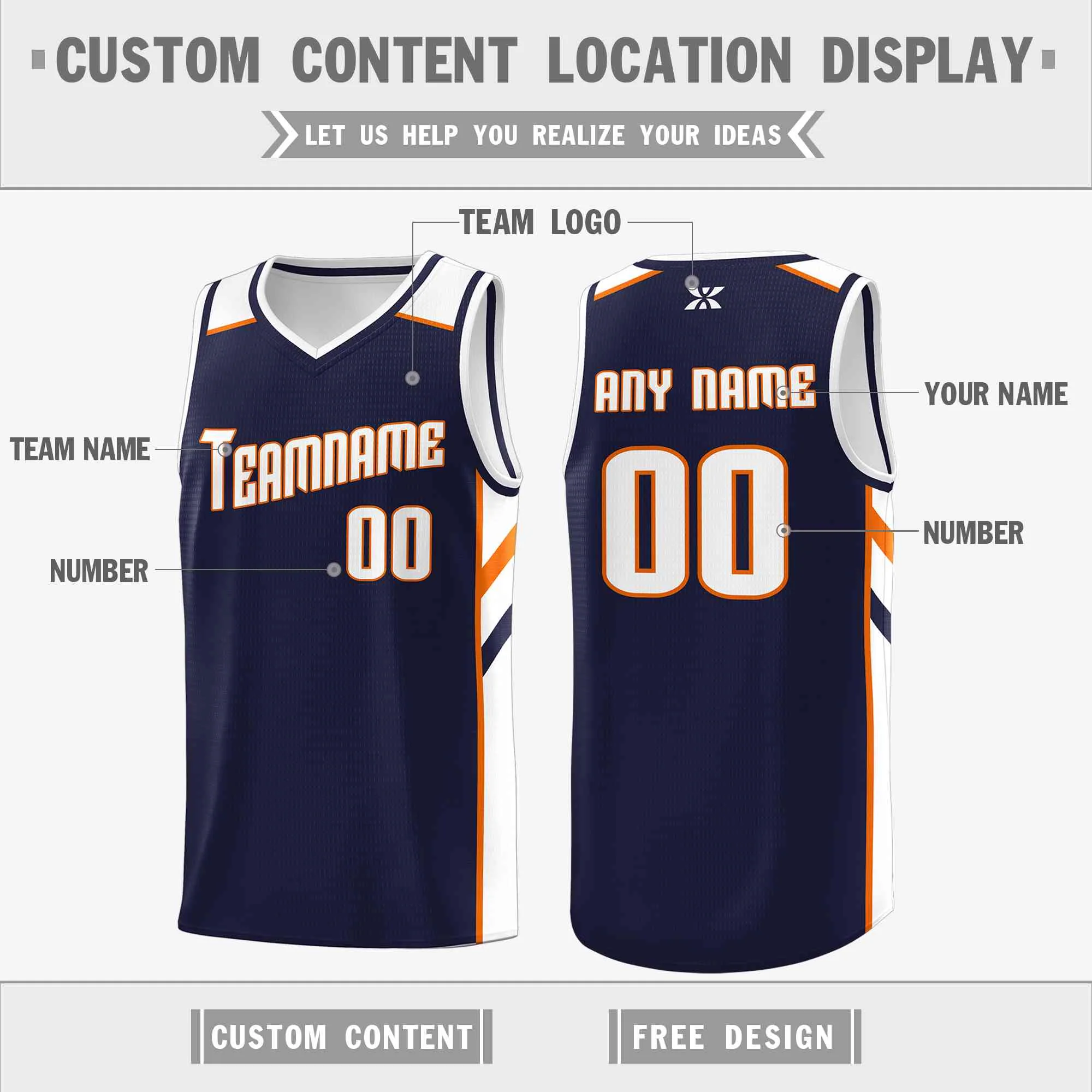 Custom Navy White-Orange Classic Tops Style Mesh Sport Basketball Jersey - Image 2