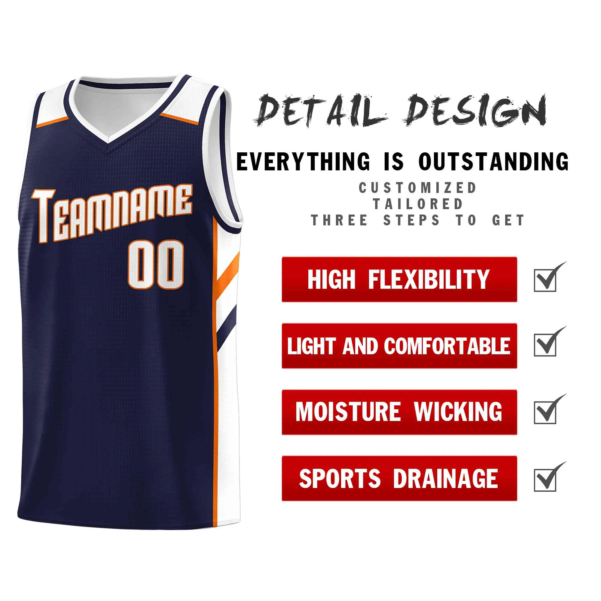 Custom Navy White-Orange Classic Tops Style Mesh Sport Basketball Jersey - Image 4