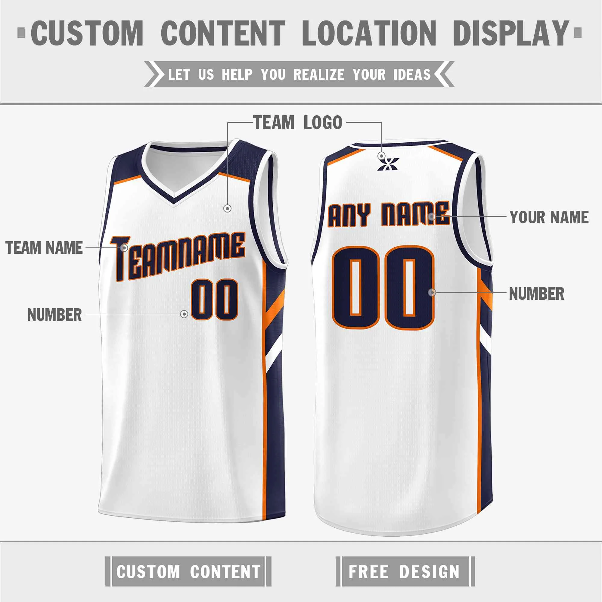 Custom White Navy-Orange Classic Tops Style Mesh Sport Basketball Jersey - Image 2