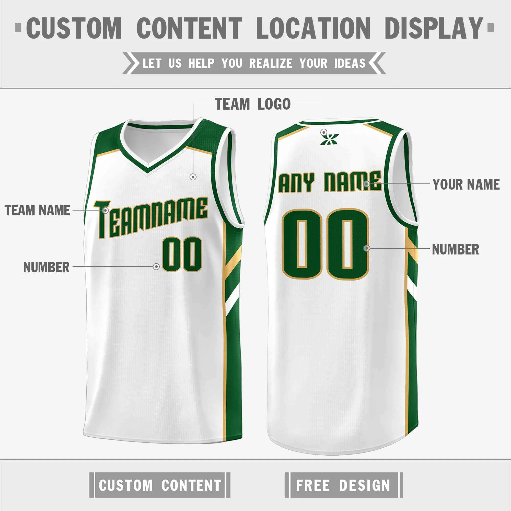 Custom White Green-Old Gold Classic Tops Style Mesh Sport Basketball Jersey - Image 2