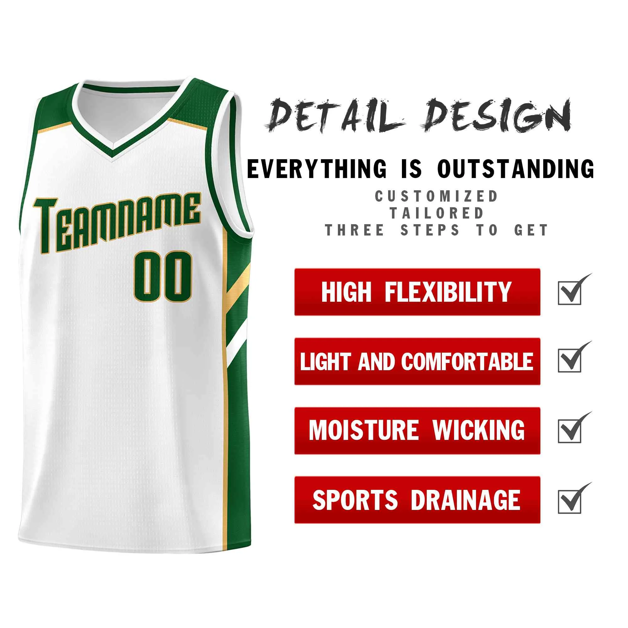 Custom White Green-Old Gold Classic Tops Style Mesh Sport Basketball Jersey - Image 4