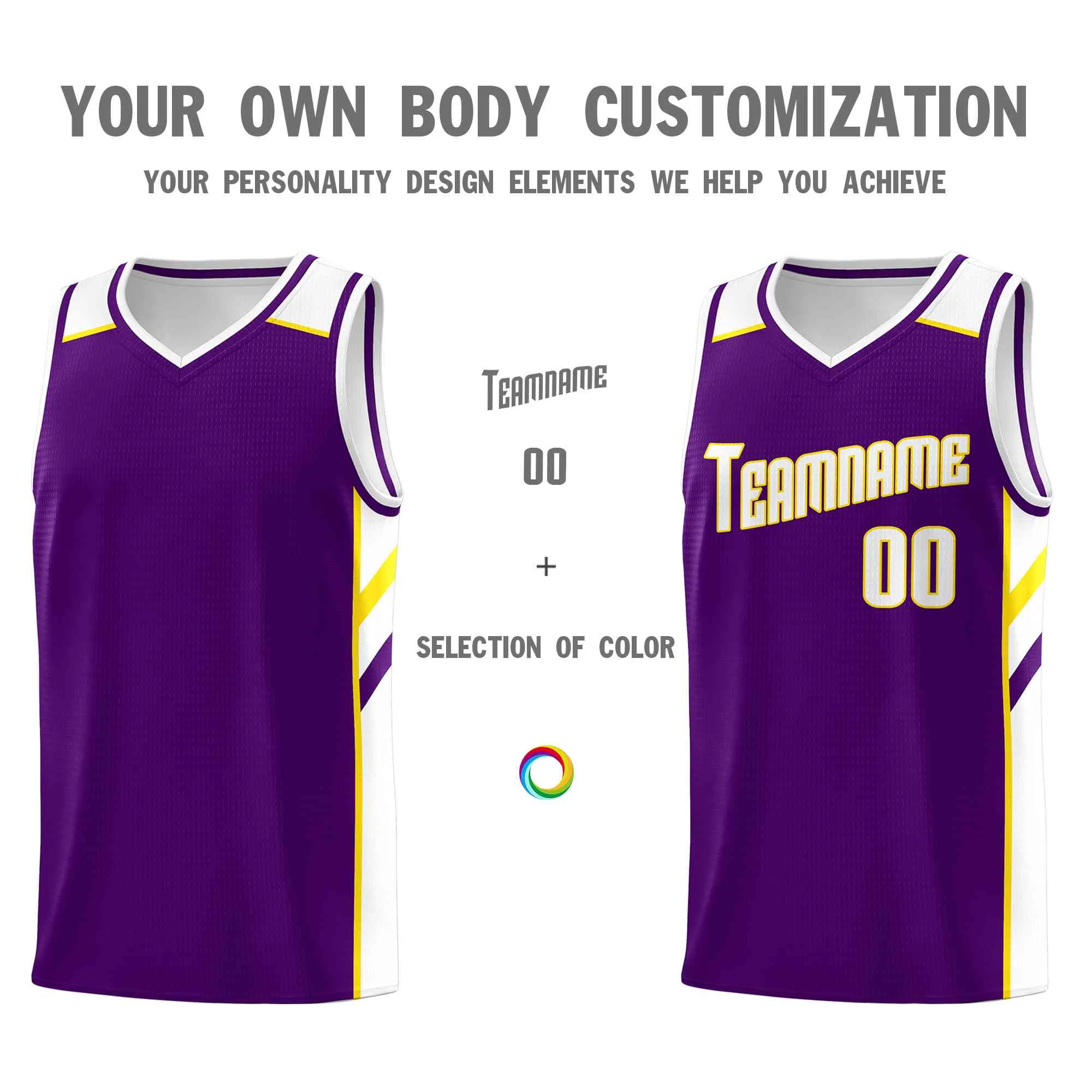 Custom Purple White-Yellow Classic Tops Style Mesh Sport Basketball Jersey - Image 3