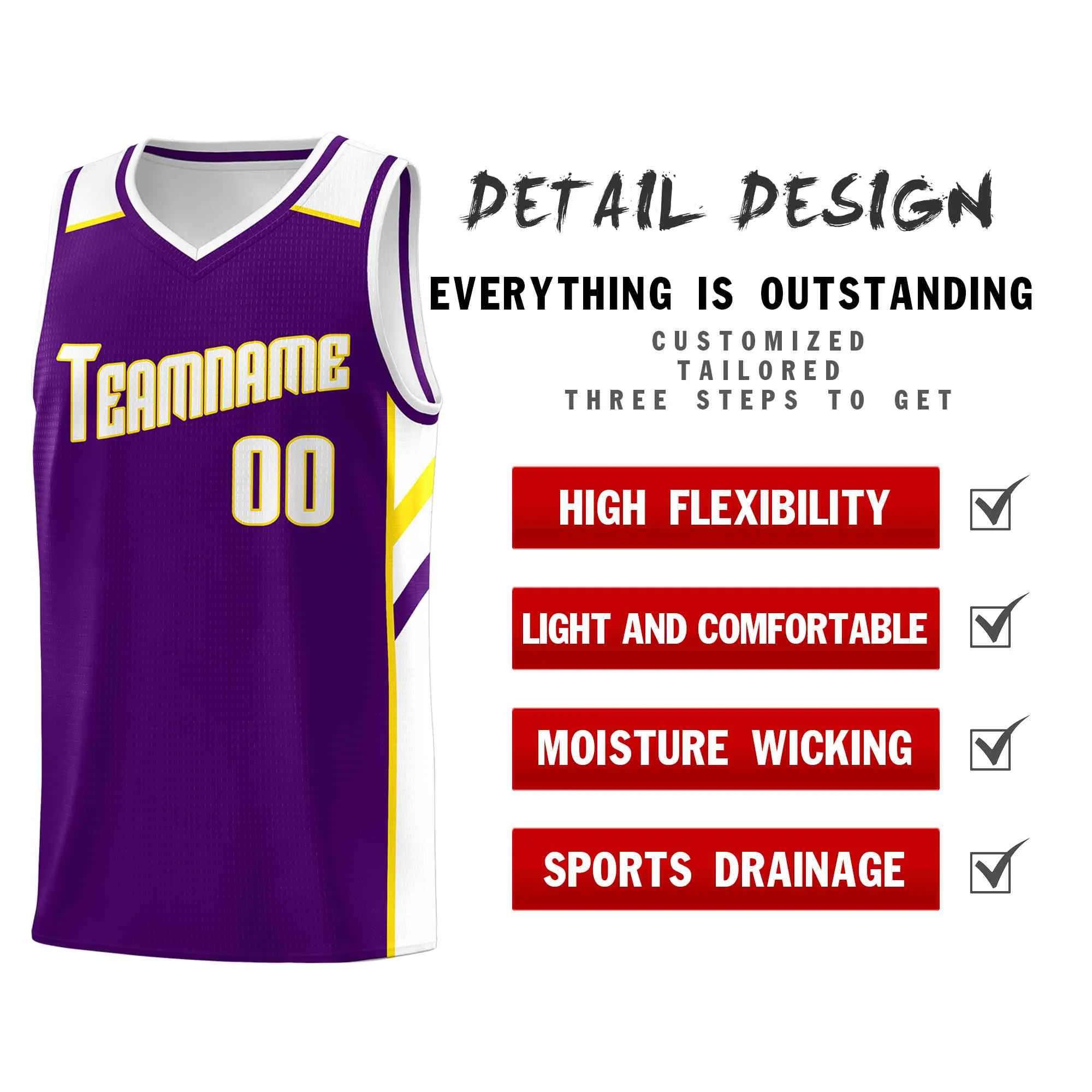Custom Purple White-Yellow Classic Tops Style Mesh Sport Basketball Jersey - Image 4