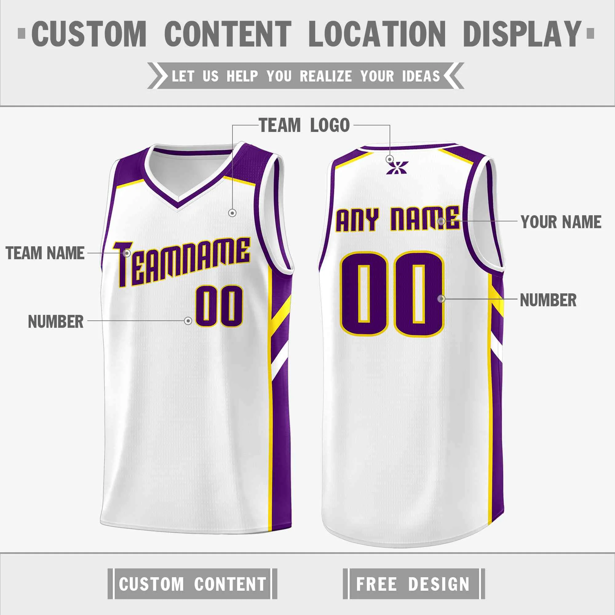 Custom White Purple-Yellow Classic Tops Style Mesh Sport Basketball Jersey - Image 2
