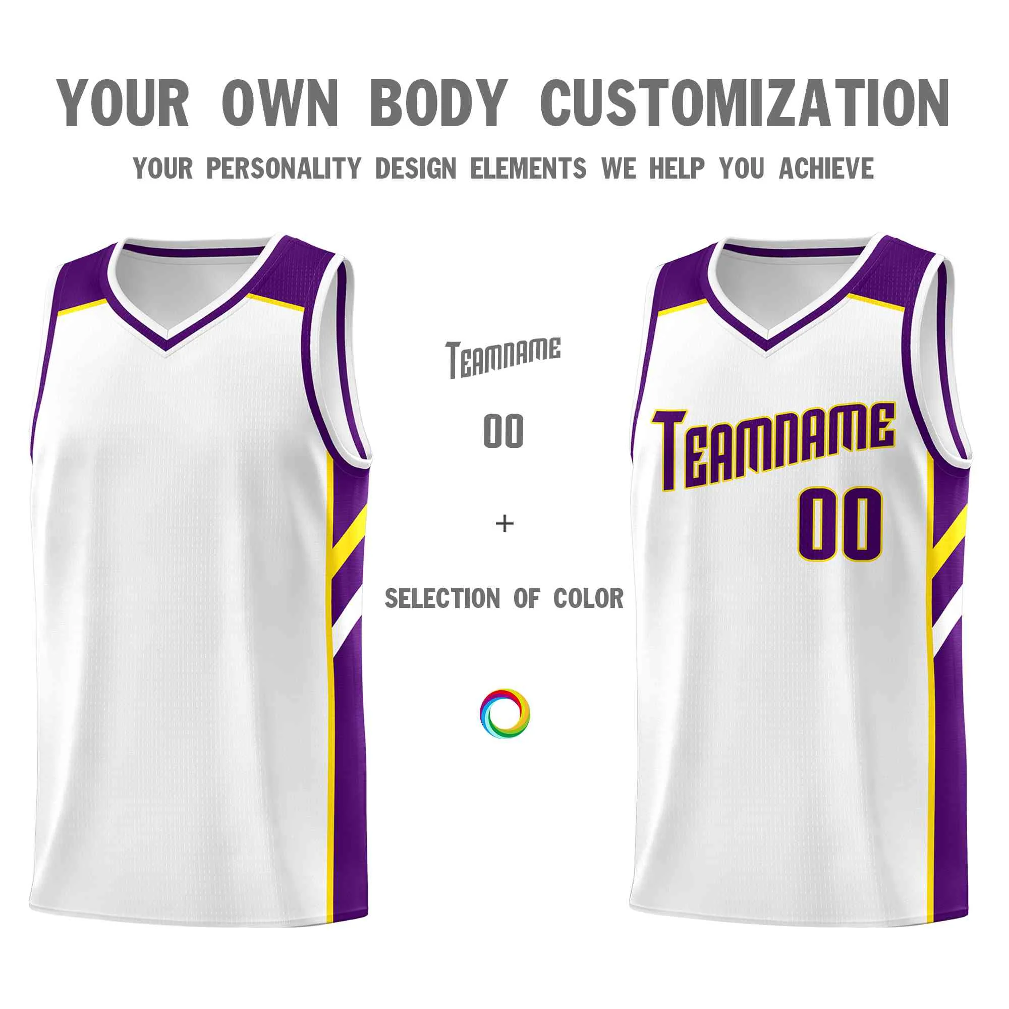 Custom White Purple-Yellow Classic Tops Style Mesh Sport Basketball Jersey - Image 3