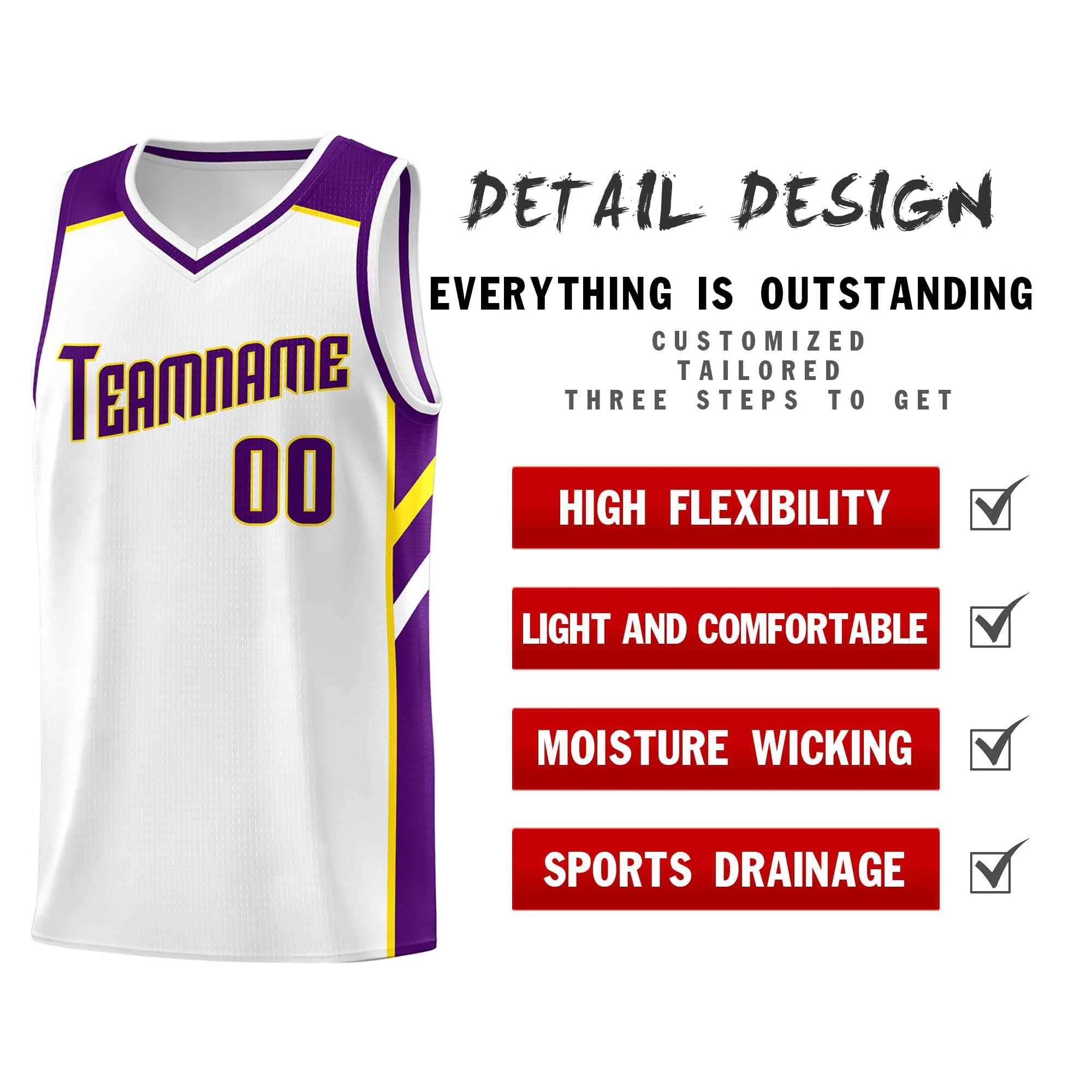 Custom White Purple-Yellow Classic Tops Style Mesh Sport Basketball Jersey - Image 4