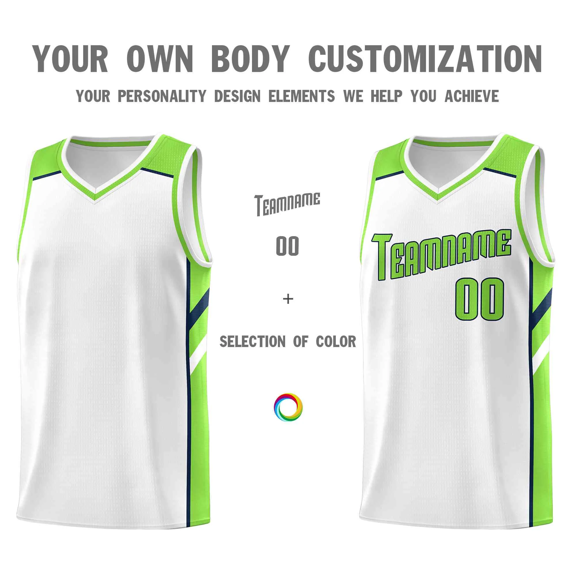 Custom White Neon Green-Navy Classic Tops Style Mesh Sport Basketball Jersey - Image 3