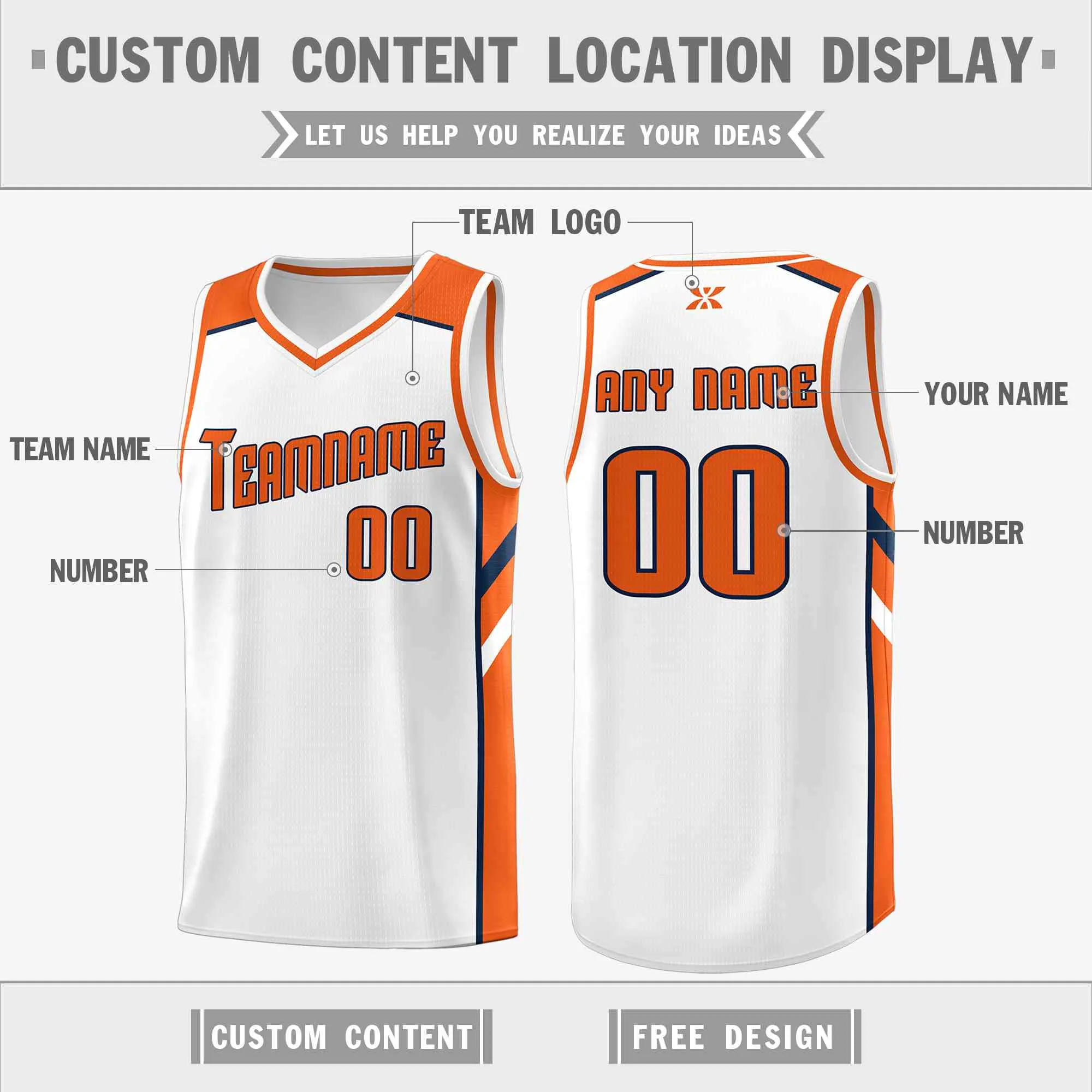 Custom White Orange-Navy Classic Tops Style Mesh Sport Basketball Jersey - Image 2