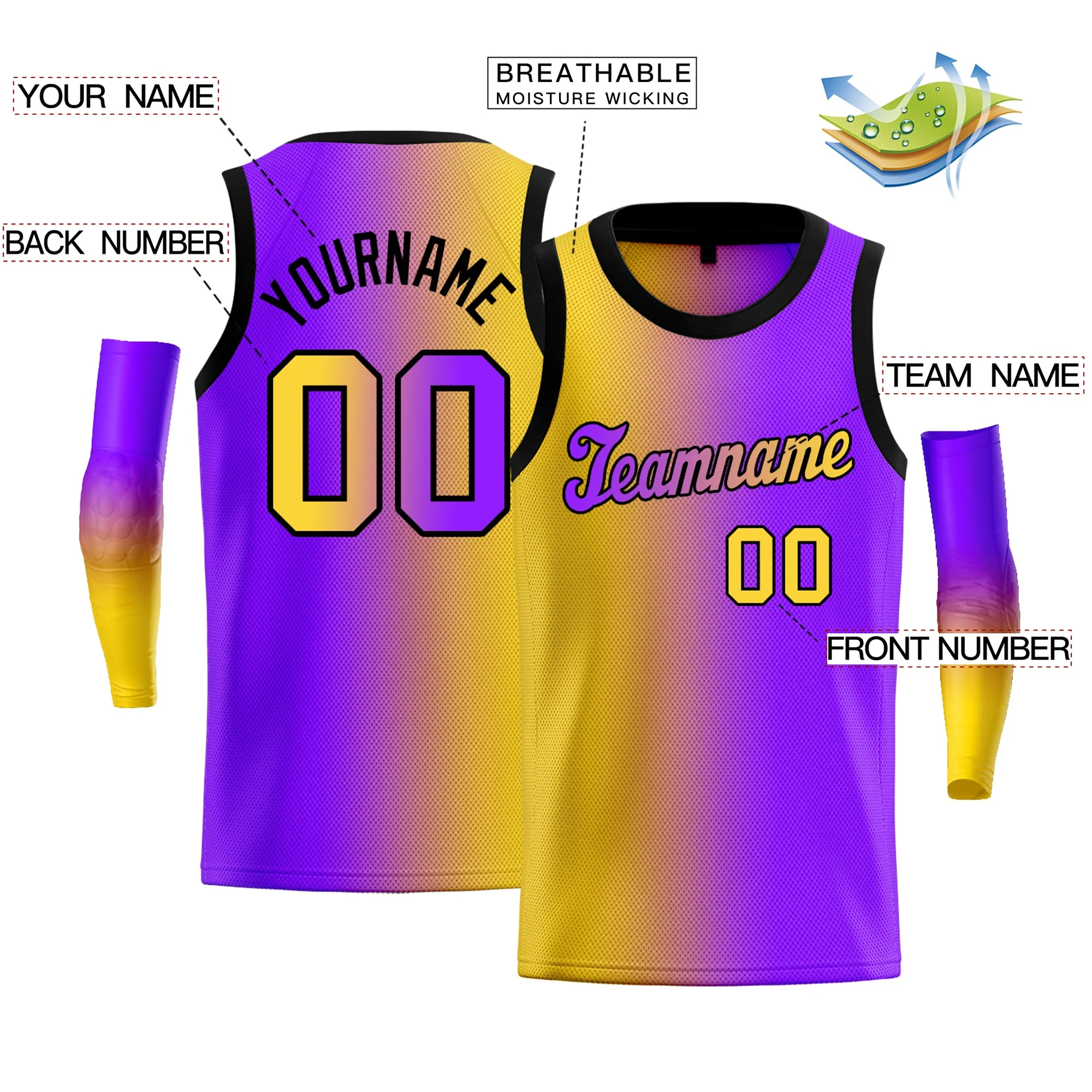 Custom Yellow Purple-Black Gradient Fashion Tops Basketball Jersey - Image 2