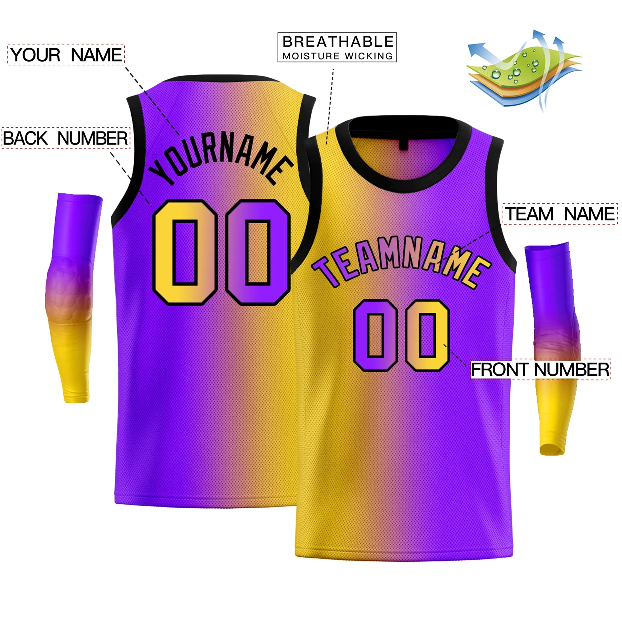 Custom Yellow Purple-Black Gradient Fashion Tops Basketball Jersey - Image 2