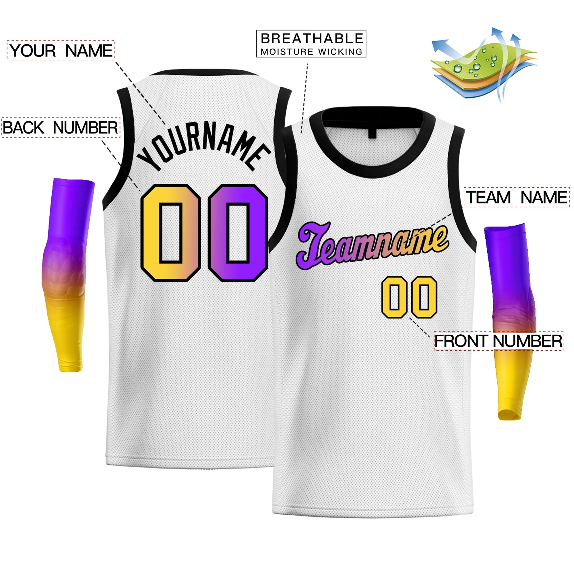 Custom White Yellow Purple-Black Gradient Fashion Tops Basketball Jersey - Image 2