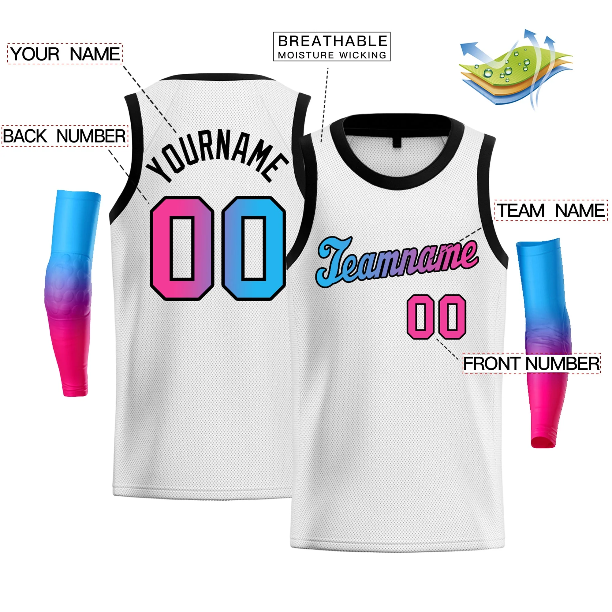 Custom White Blue Pink-Black Gradient Fashion Tops Basketball Jersey - Image 2