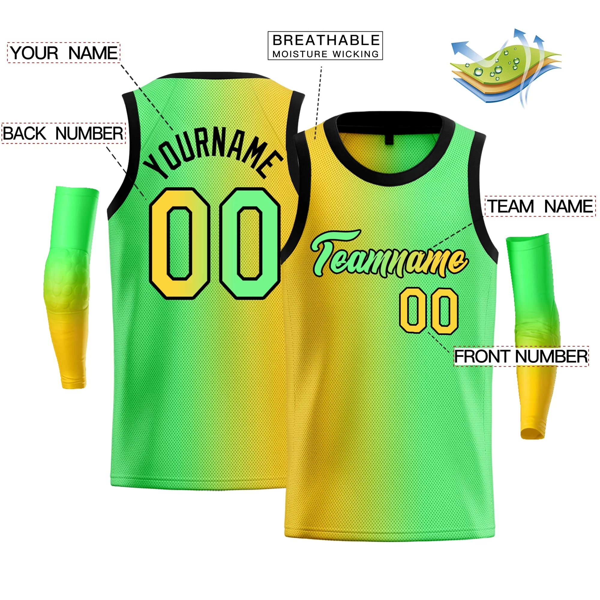 Custom Yellow Green-Black Gradient Fashion Tops Basketball Jersey - Image 2