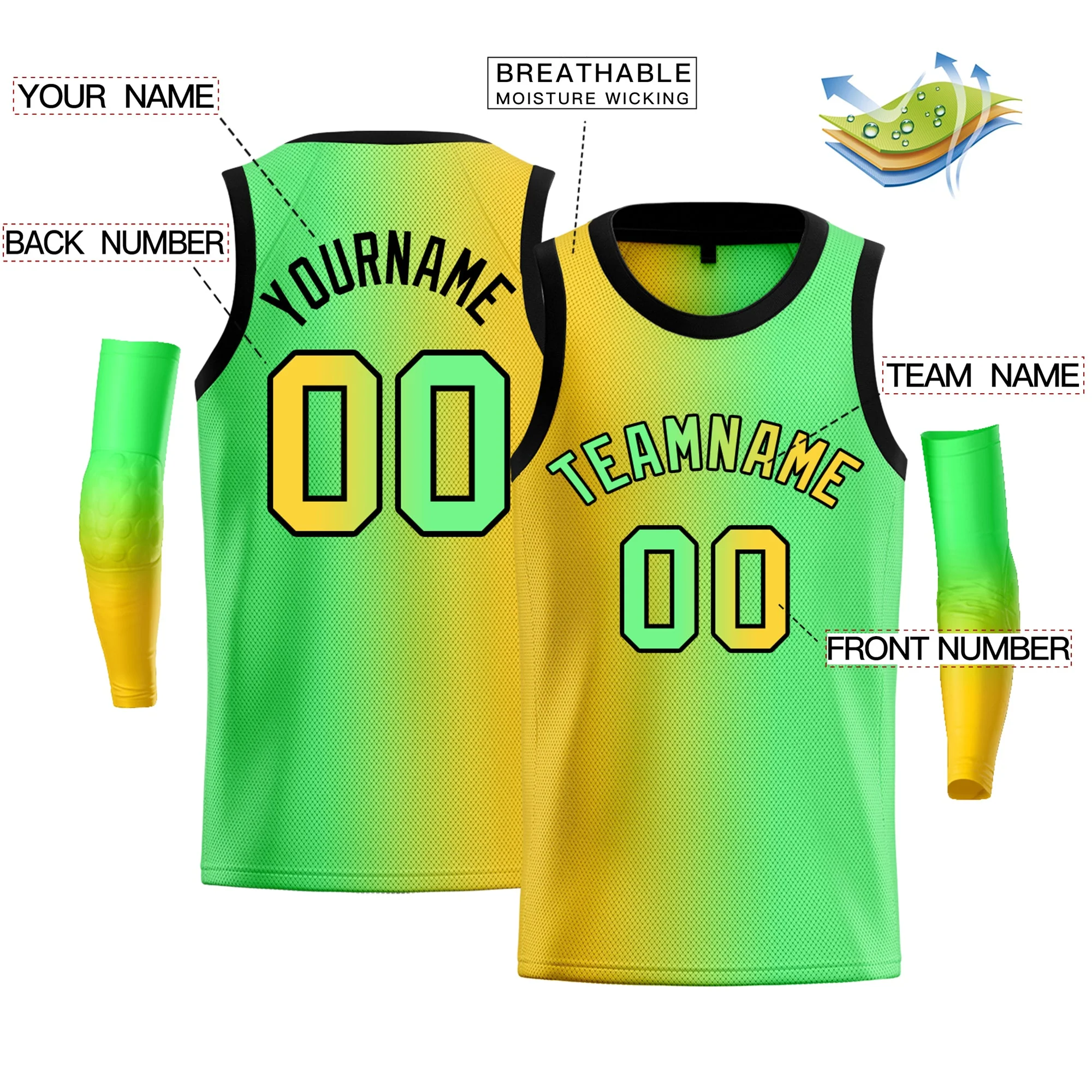 Custom Yellow Green-Black Gradient Fashion Tops Basketball Jersey - Image 2