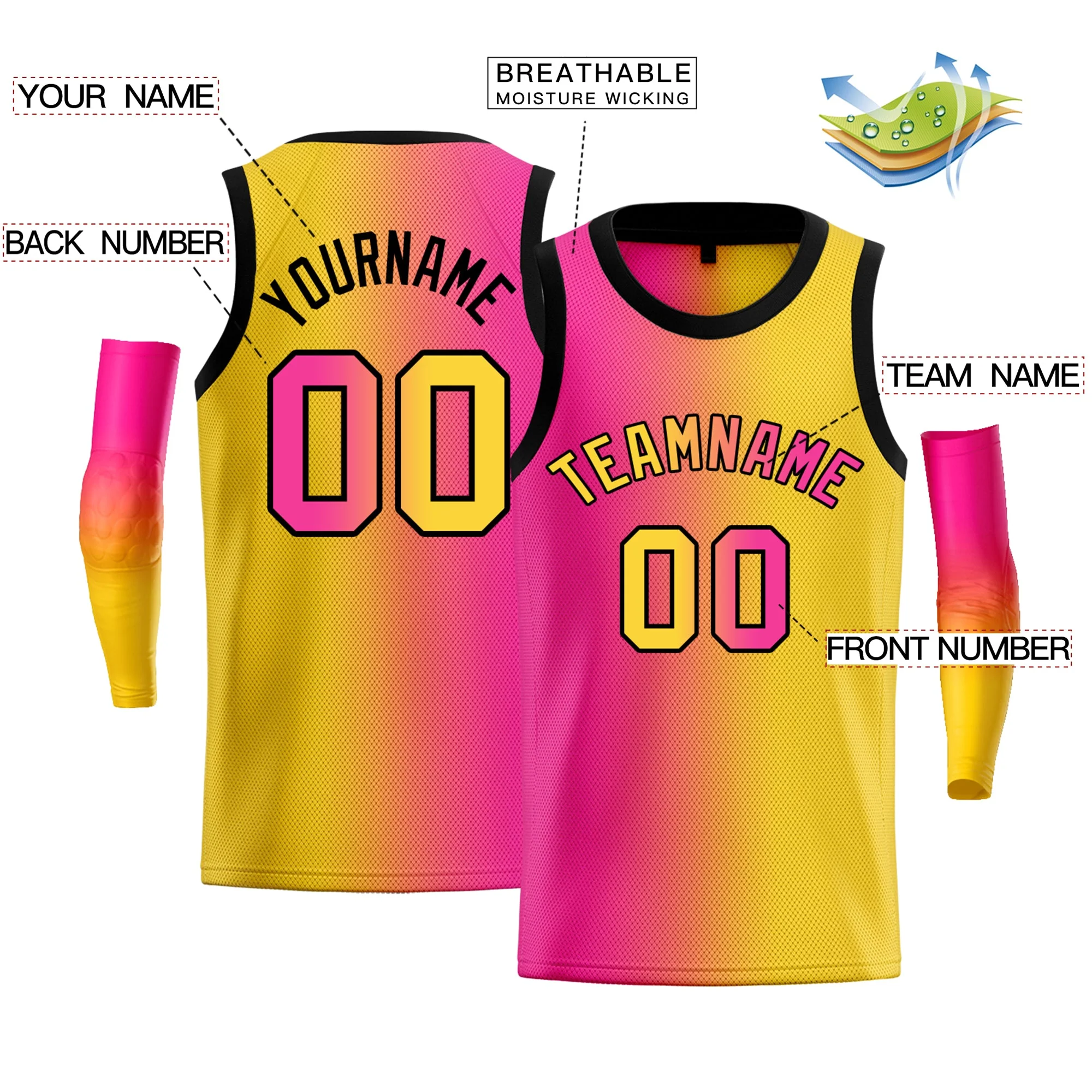 Custom Yellow Pink-Black Gradient Fashion Tops Basketball Jersey - Image 2