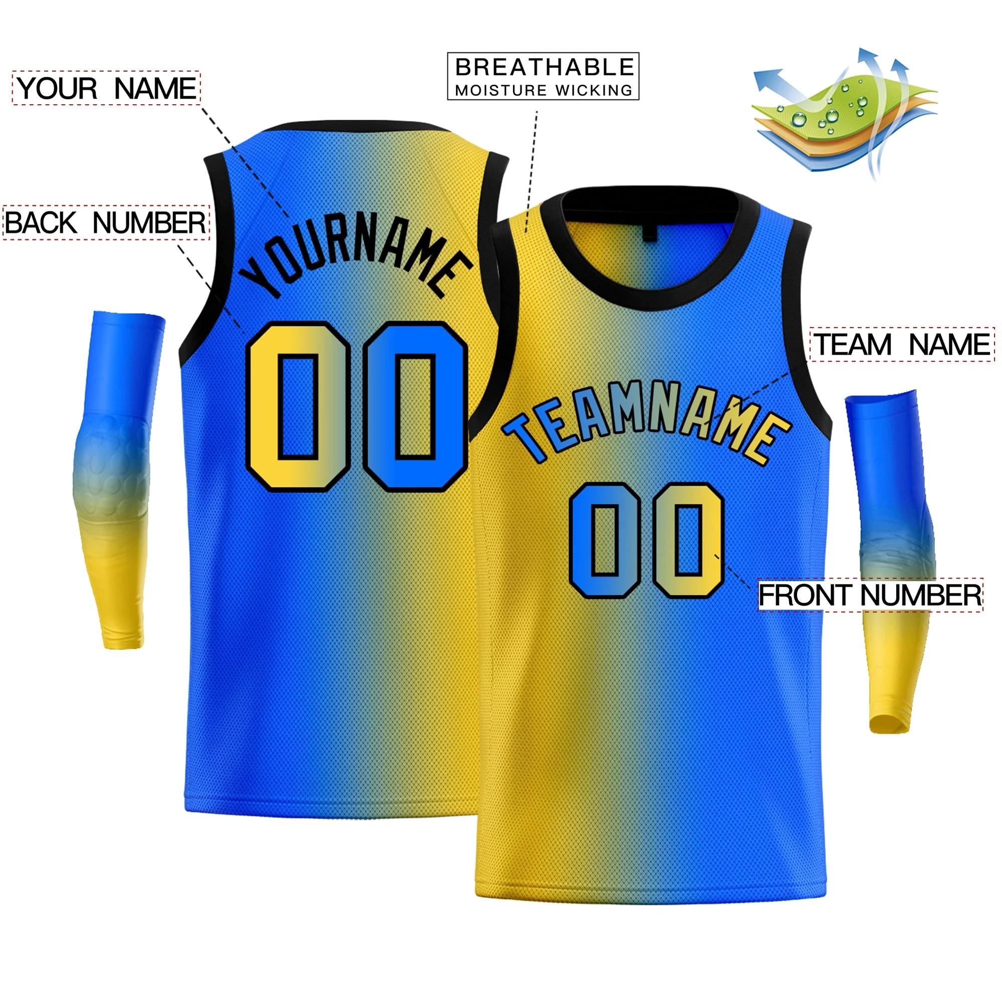 Custom Yellow Blue-Black Gradient Fashion Tops Basketball Jersey - Image 2