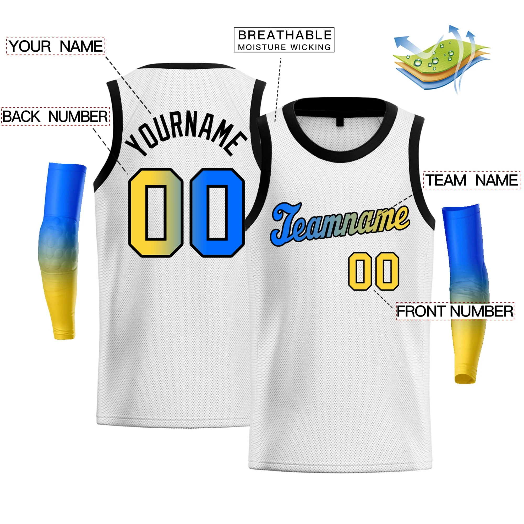 Custom White Blue Yellow-Black Gradient Fashion Tops Basketball Jersey - Image 2