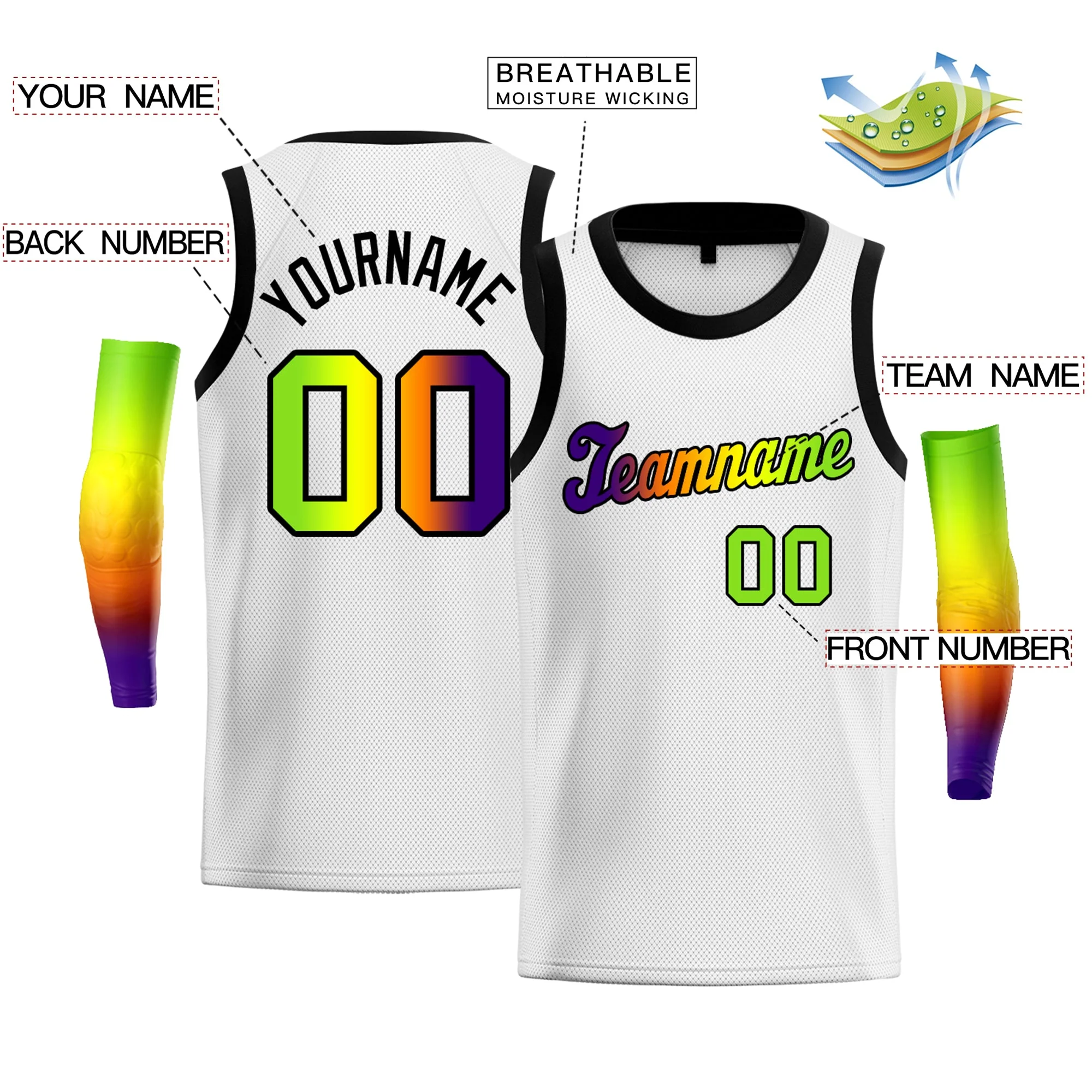 Custom White Purple Green-Black Gradient Fashion Tops Basketball Jersey - Image 2
