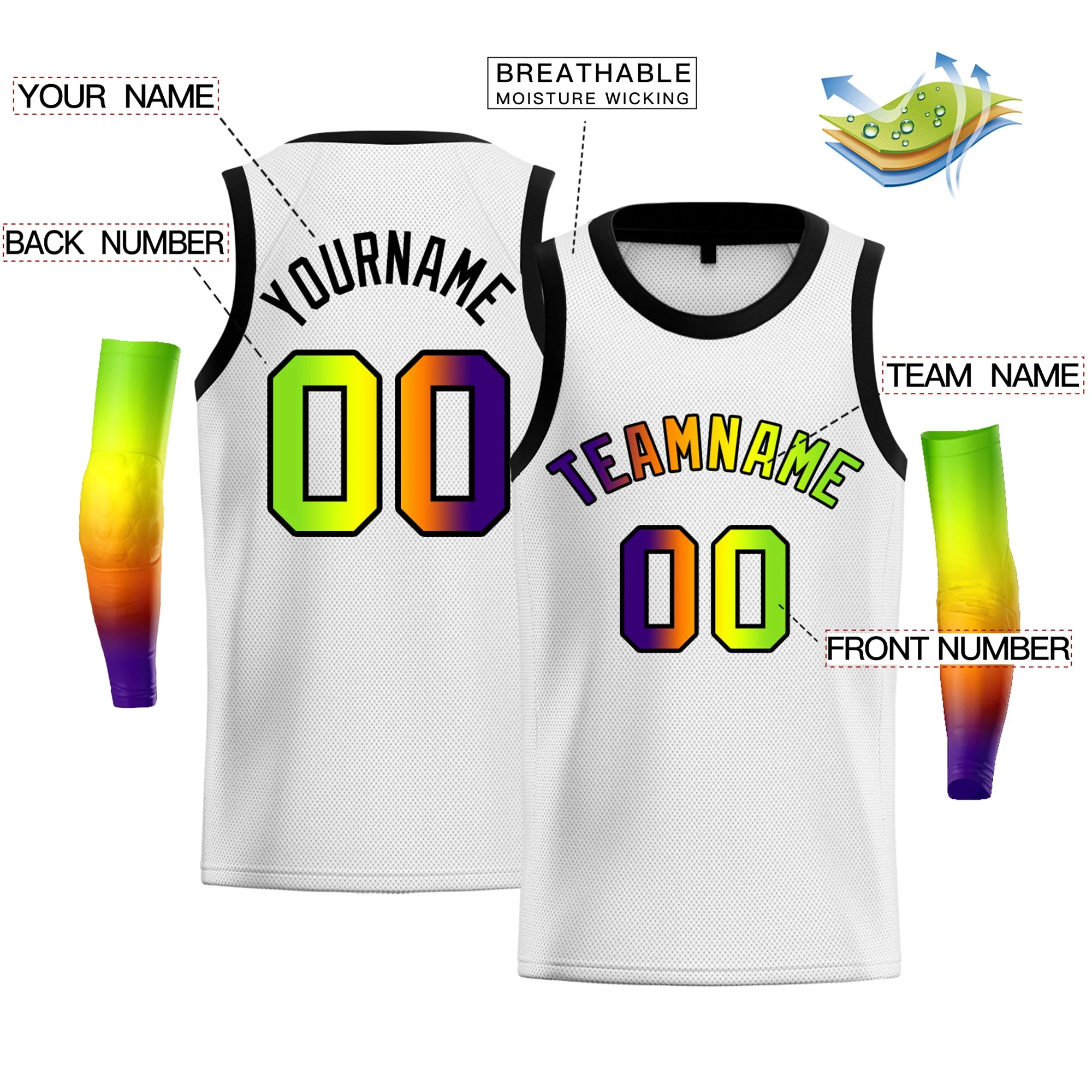 Custom White Purple Green-Black Gradient Fashion Tops Basketball Jersey - Image 2