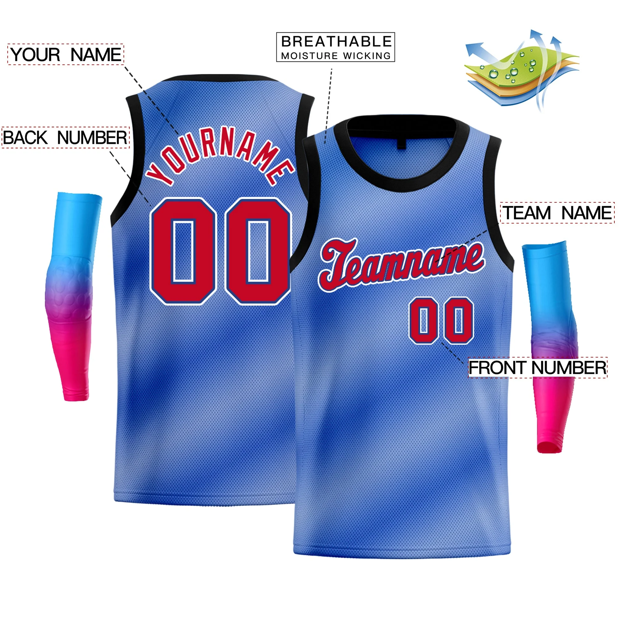 Custom Light Blue Red-White Gradient Fashion Tops Basketball Jersey - Image 2