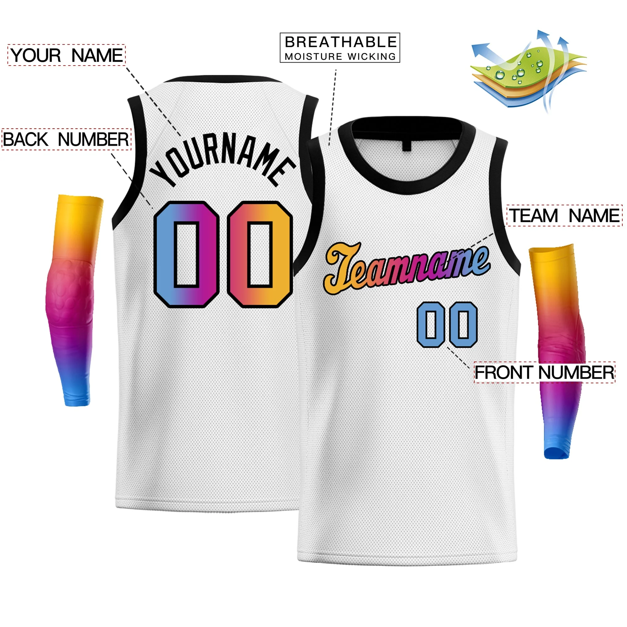 Custom White Light Blue Yellow-Black Gradient Fashion Tops Basketball Jersey - Image 2