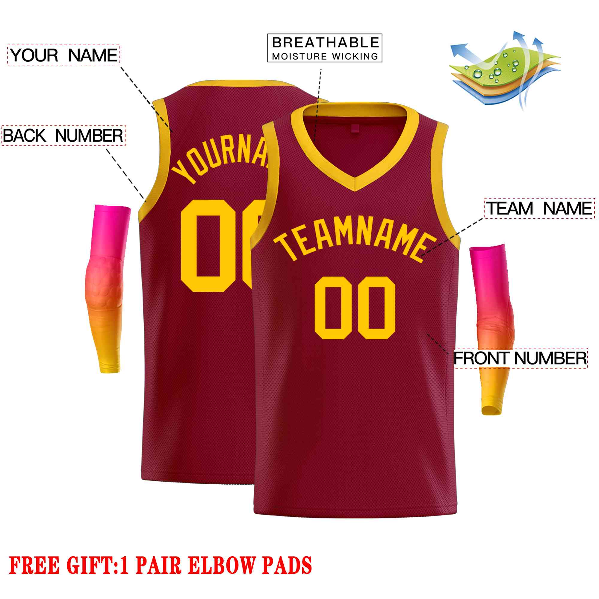 Custom Maroon Yellow-Classic Tops Men Casual Basketball Jersey - Image 2