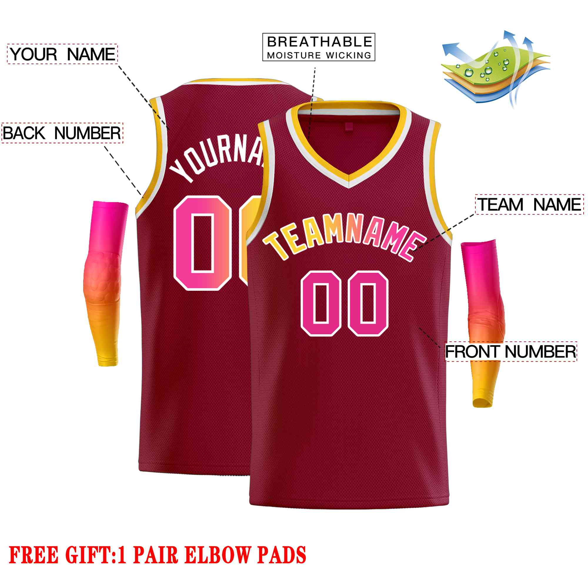 Custom Maroon Yellow-White Classic Tops Men Casual Basketball Jersey - Image 2