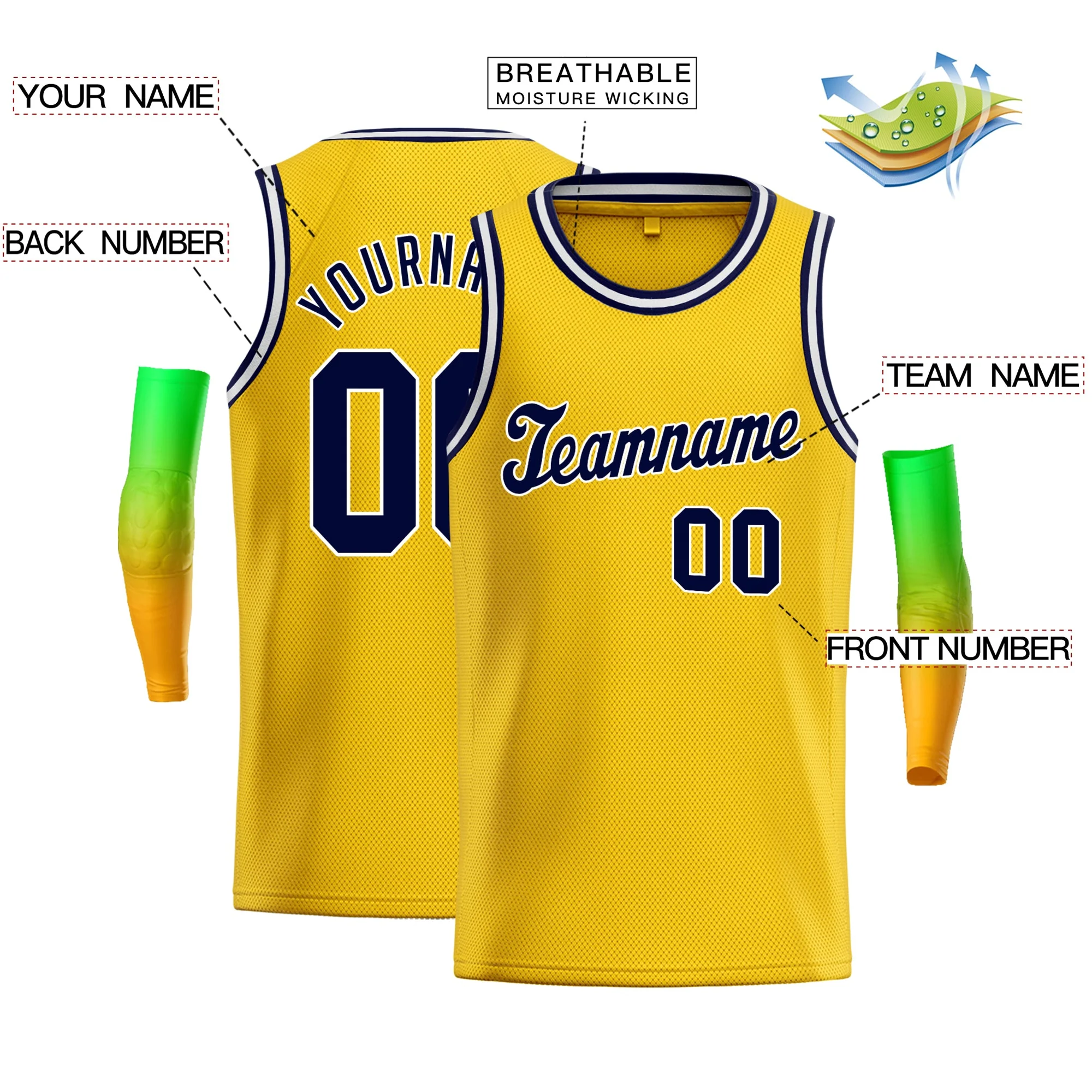 Custom Yellow Navy-White Classic Tops Men Casual Basketball Jersey - Image 2